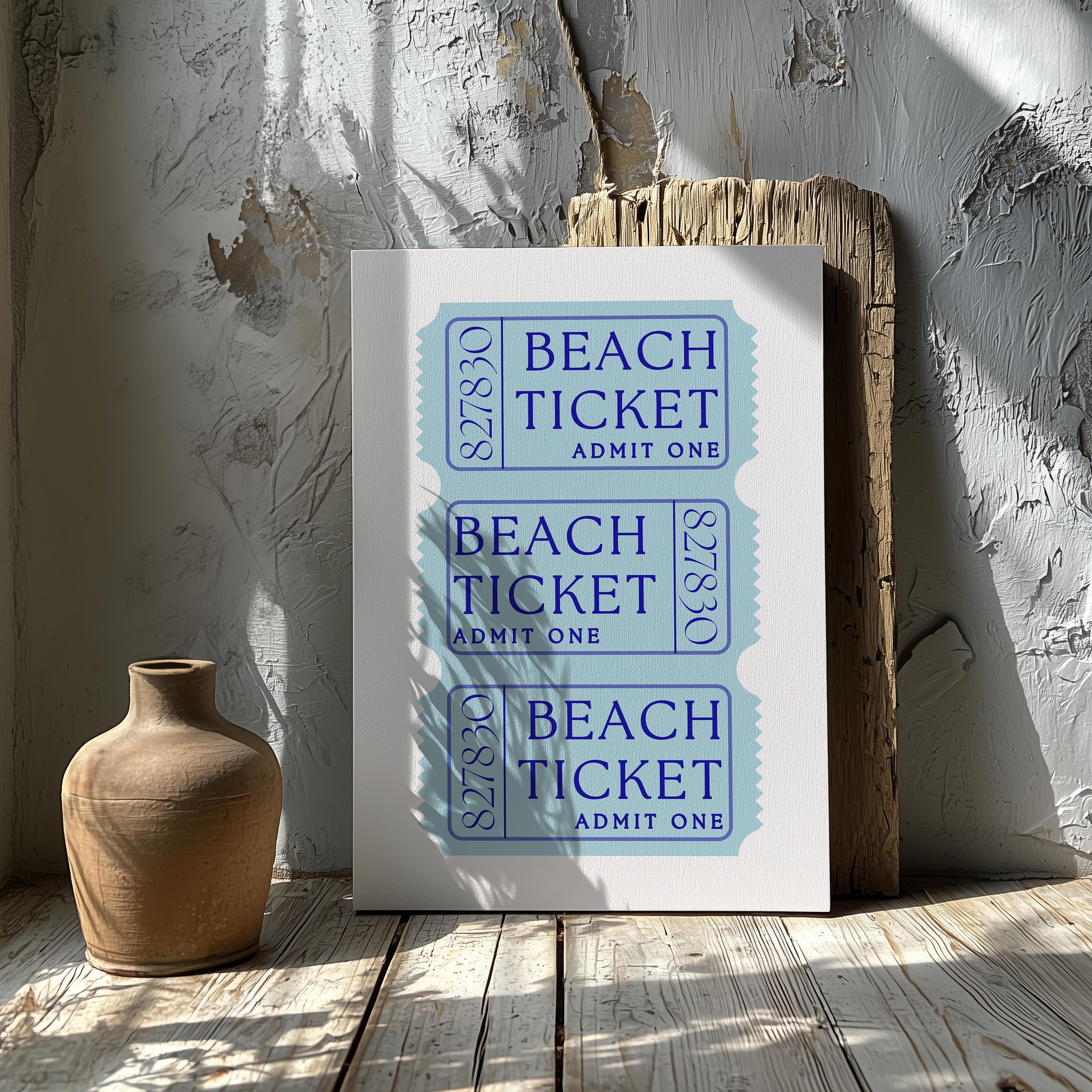 Blue Beach Tickets Admits One - Framed Canvas Wall Art Print