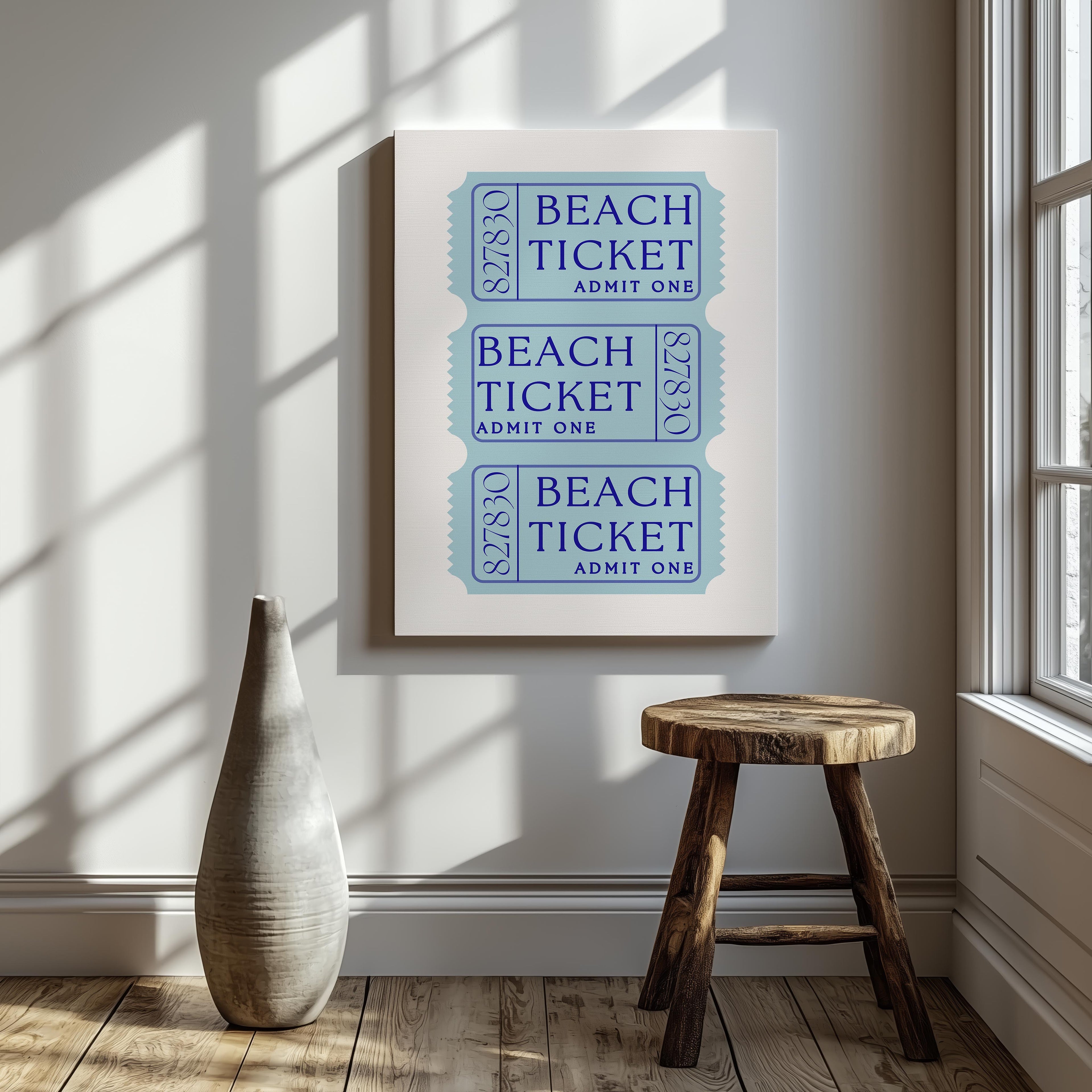 Blue Beach Tickets Admits One - Framed Canvas Wall Art Print