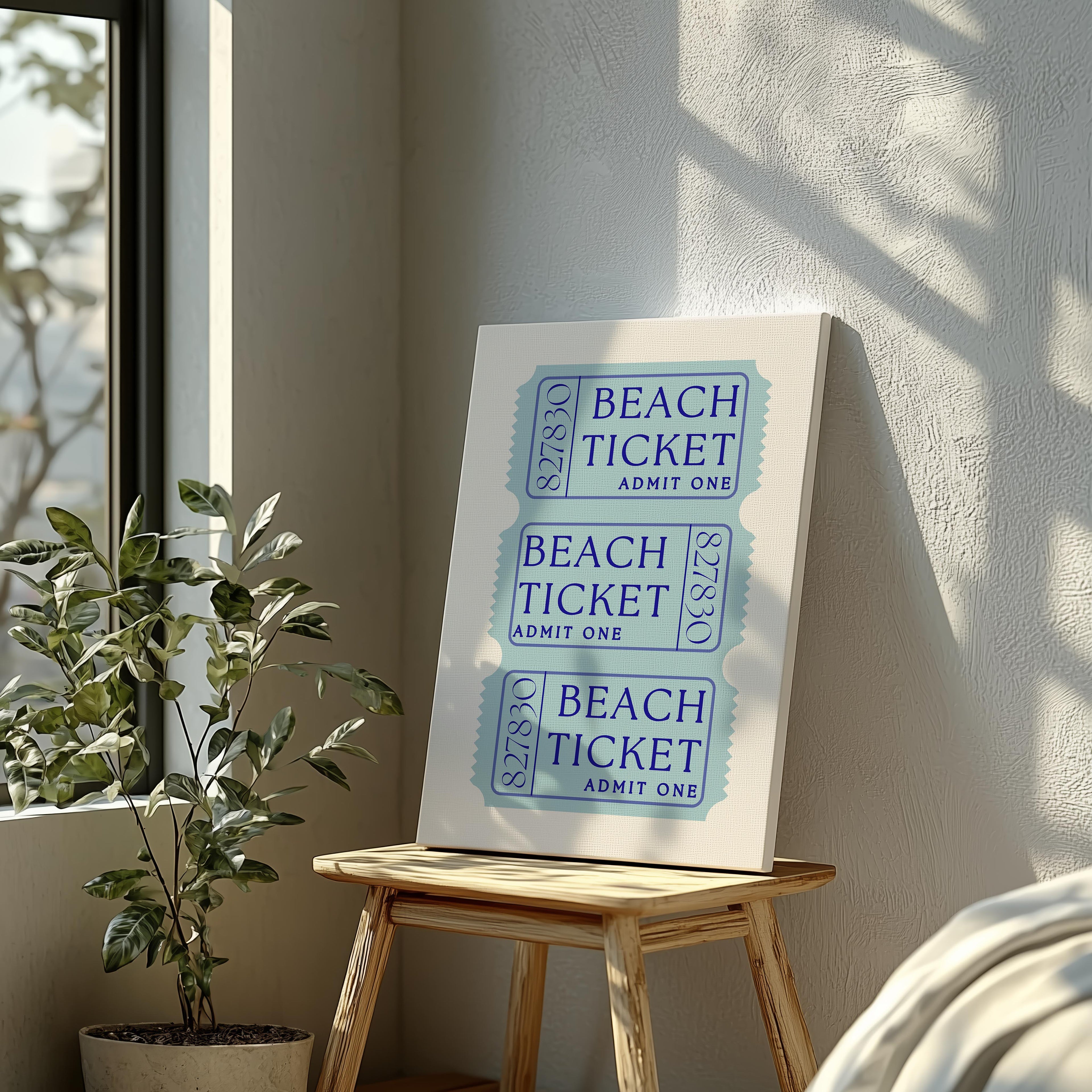 Blue Beach Tickets Admits One - Framed Canvas Wall Art Print
