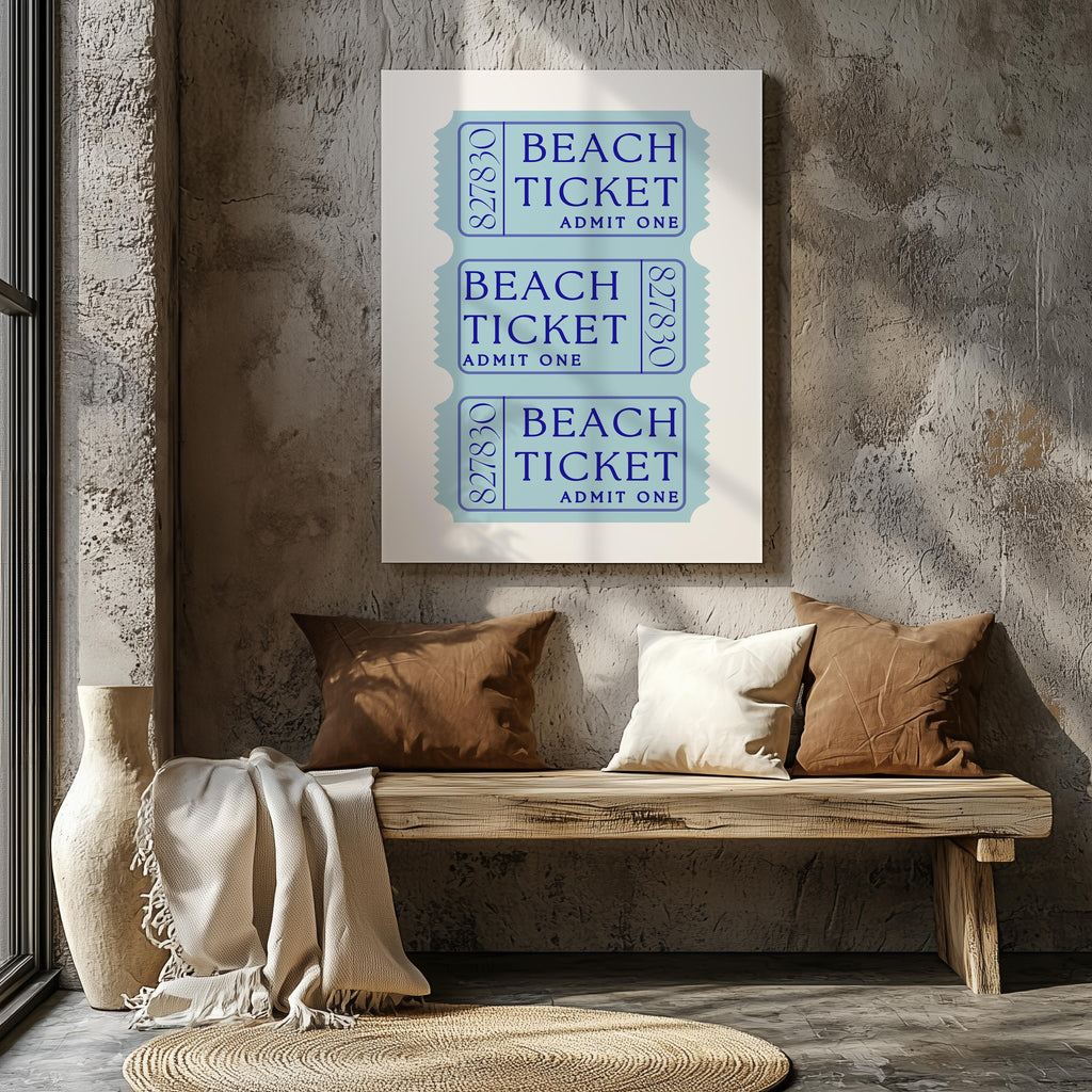 Blue Beach Tickets Admits One - Framed Canvas Wall Art Print | House Prints