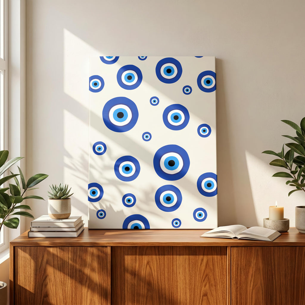 Blue Evil Eye Protection Pattern - Framed Canvas Wall Art Print | House Prints