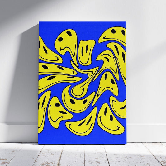 Blue Abstract Warped Smiley Faces - Framed Canvas Wall Art Print - House Prints