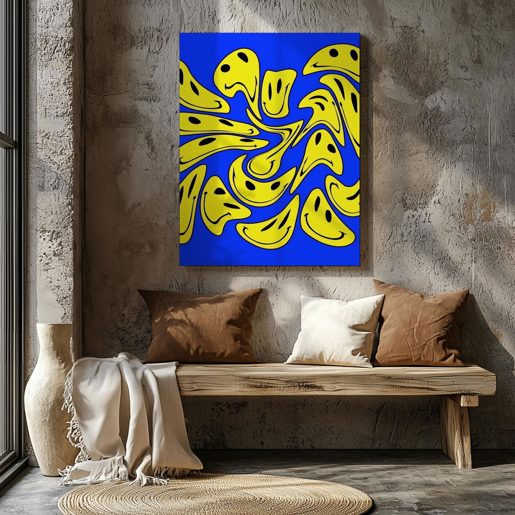 Blue Abstract Warped Smiley Faces - Framed Canvas Wall Art Print | House Prints