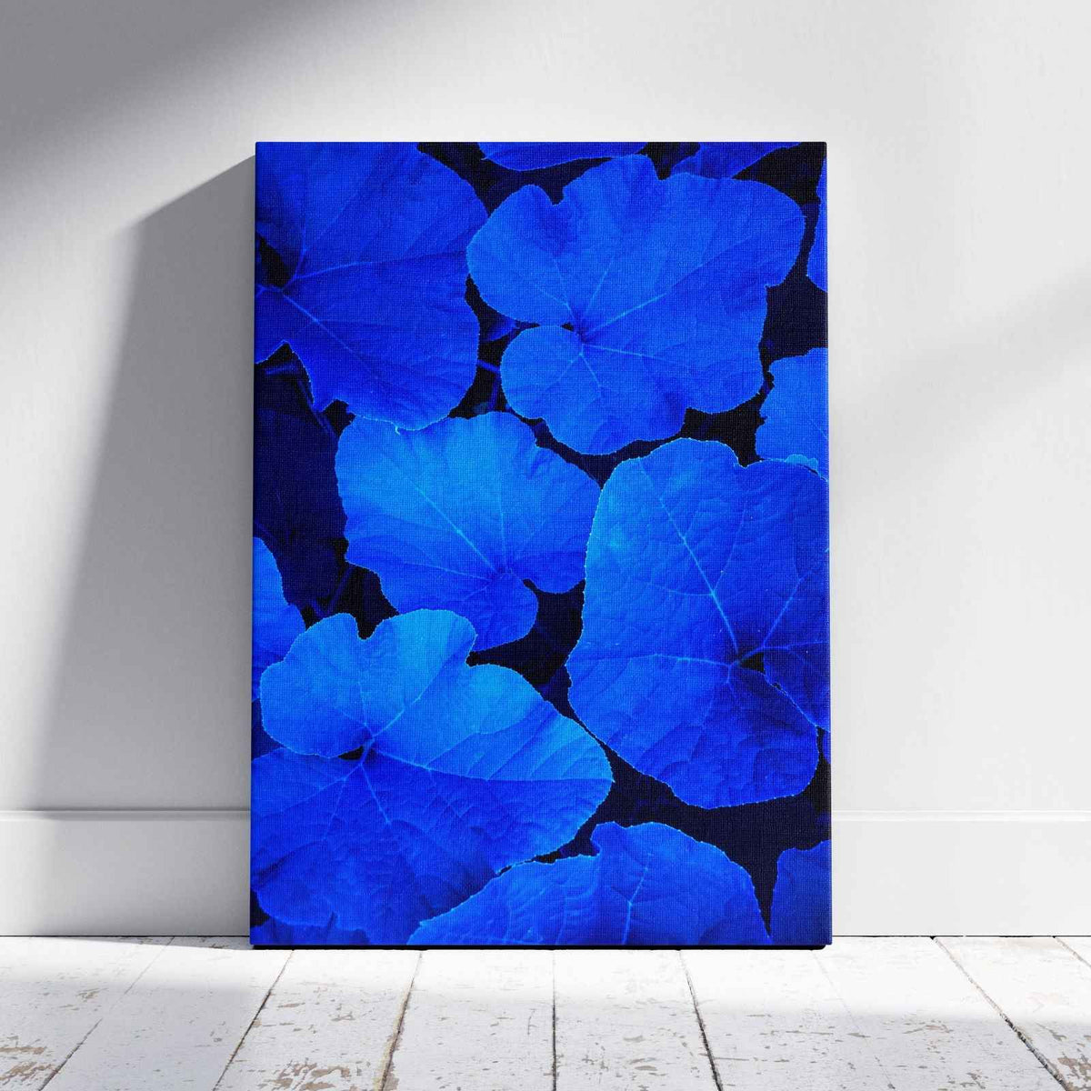 Blue & Black Floral Leaf Pattern - Framed Canvas Wall Art Print | House Prints