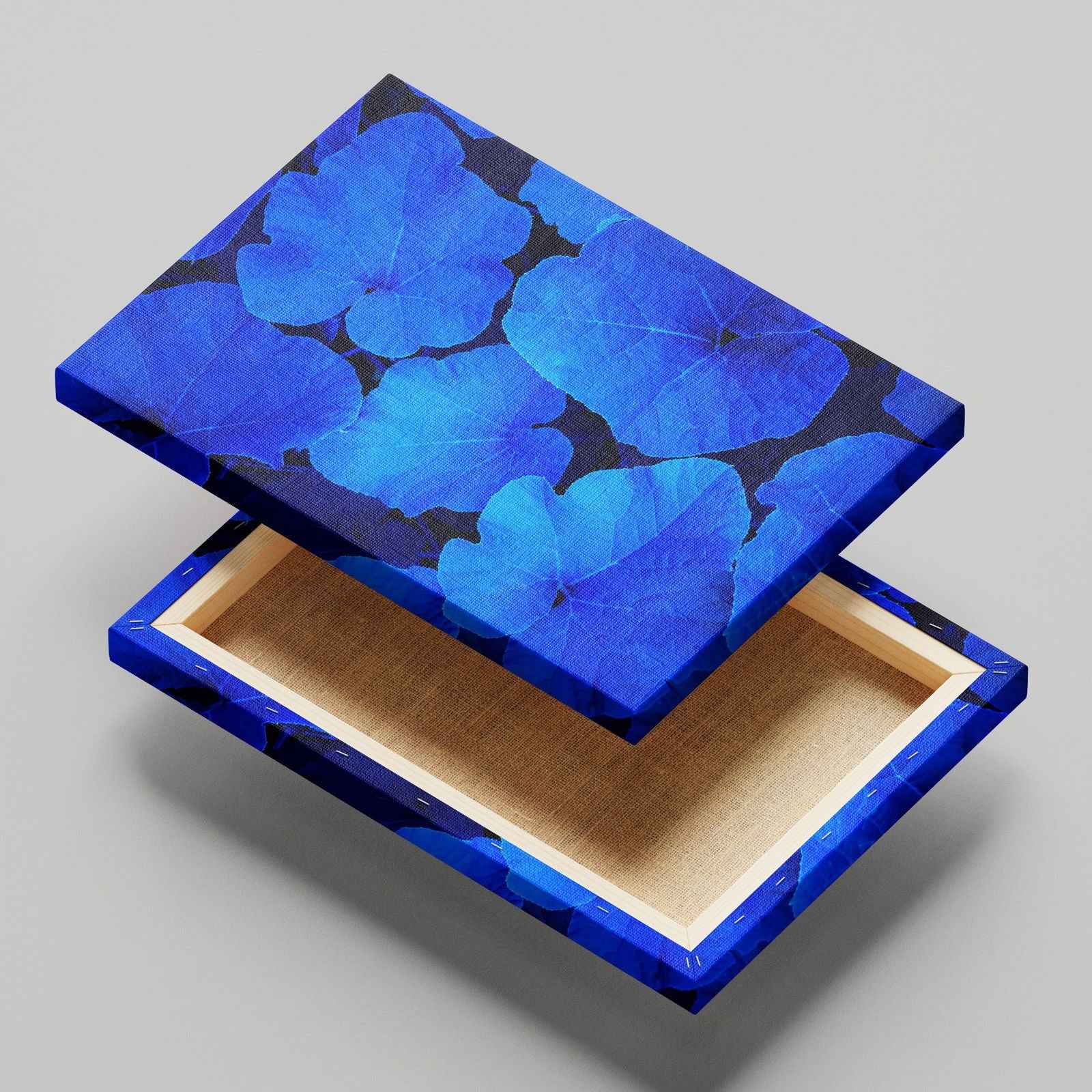 Blue & Black Floral Leaf Pattern - Framed Canvas Wall Art Print - House Prints