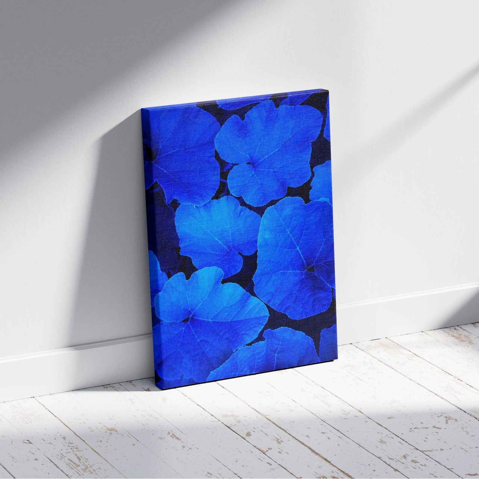 Blue & Black Floral Leaf Pattern - Framed Canvas Wall Art Print - House Prints