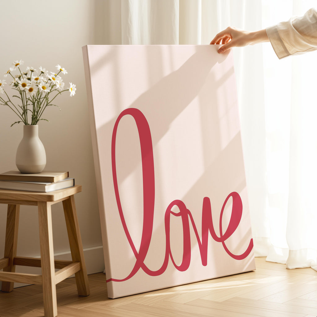 Bold Pink Love Typography Cursive - Framed Canvas Wall Art Print | House Prints