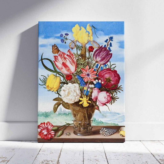 Bouquet of Flowers on a Ledge - Ambrosius Bosschaert - Framed Canvas Wall Art Print - House Prints