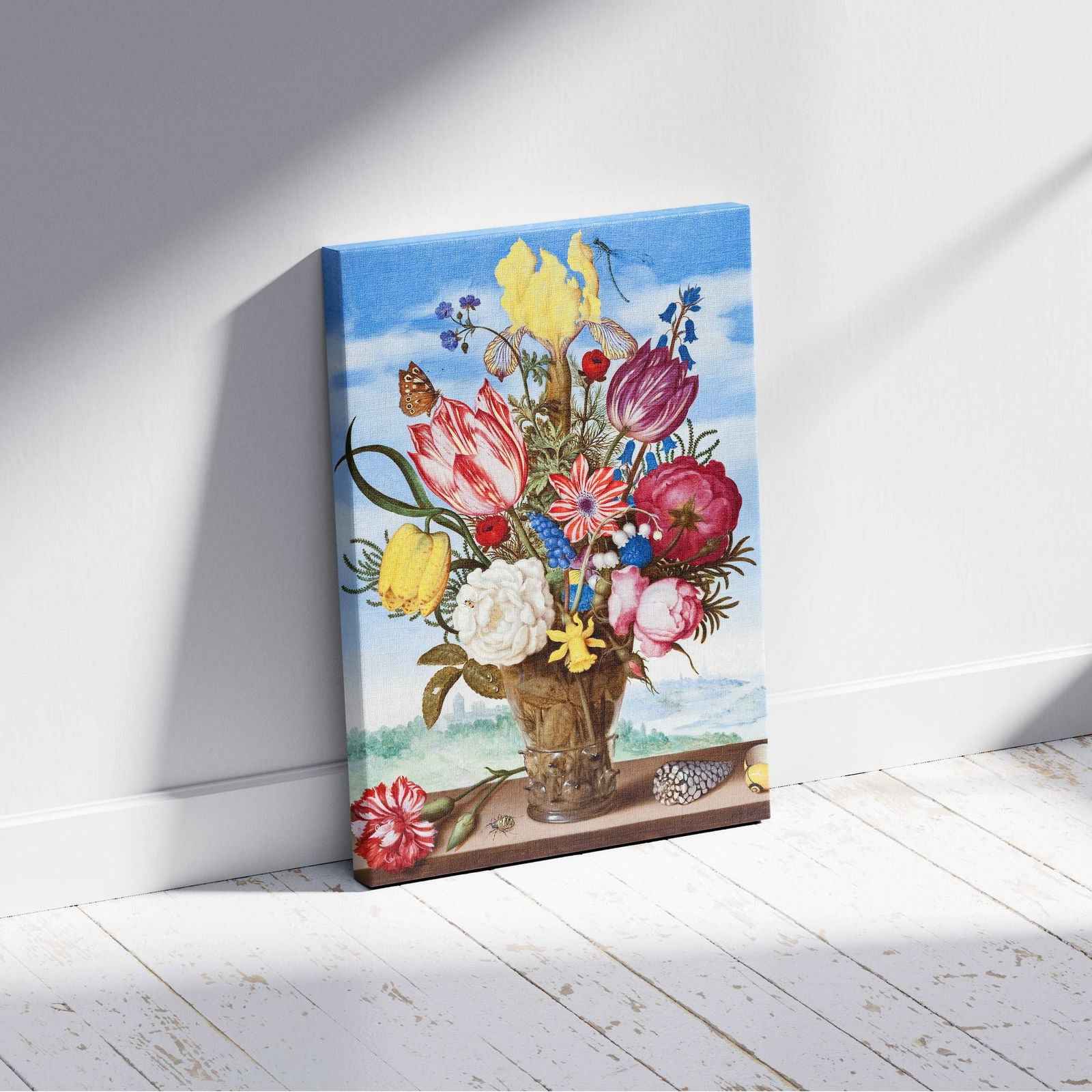 Bouquet of Flowers on a Ledge - Ambrosius Bosschaert - Framed Canvas Wall Art Print - House Prints