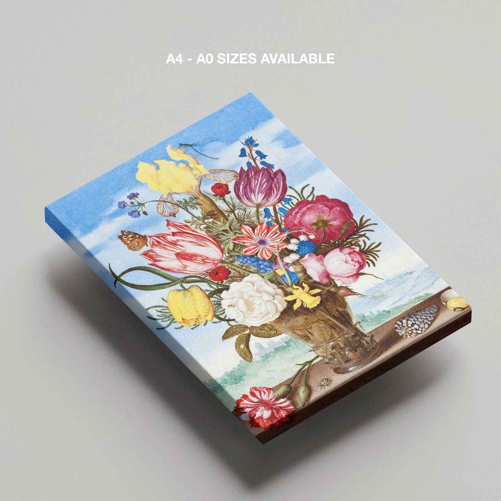 Bouquet of Flowers on a Ledge - Ambrosius Bosschaert - Framed Canvas Wall Art Print - House Prints