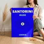 Bright Blue Santorini Greece World Travel Art - Framed Canvas Wall Art Print