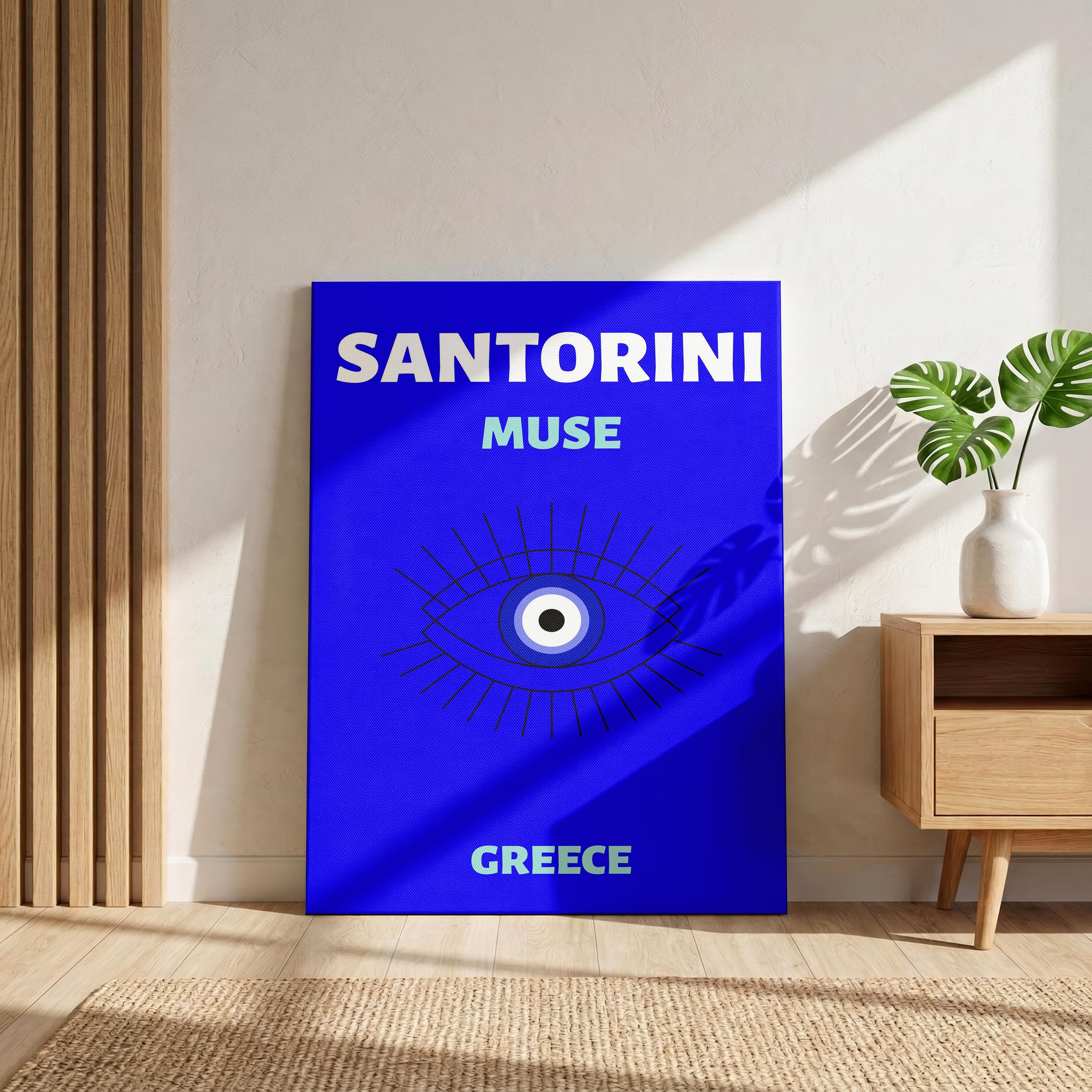 Bright Blue Santorini Greece World Travel Art - Framed Canvas Wall Art Print