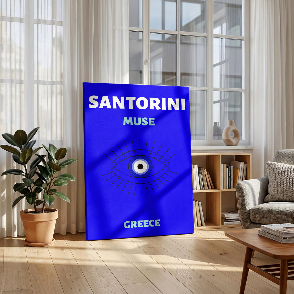 Bright Blue Santorini Greece World Travel Art - Framed Canvas Wall Art Print