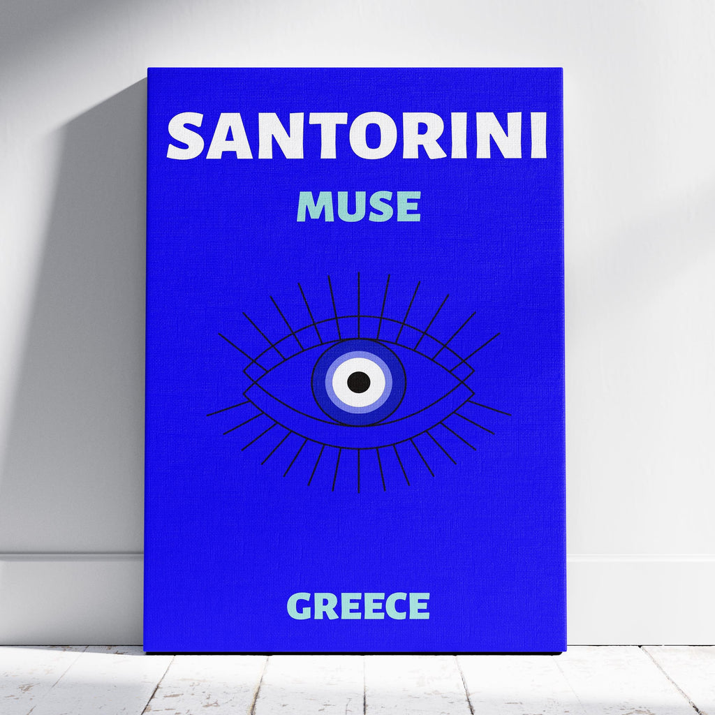 Bright Blue Santorini Greece World Travel Art - Framed Canvas Wall Art Print