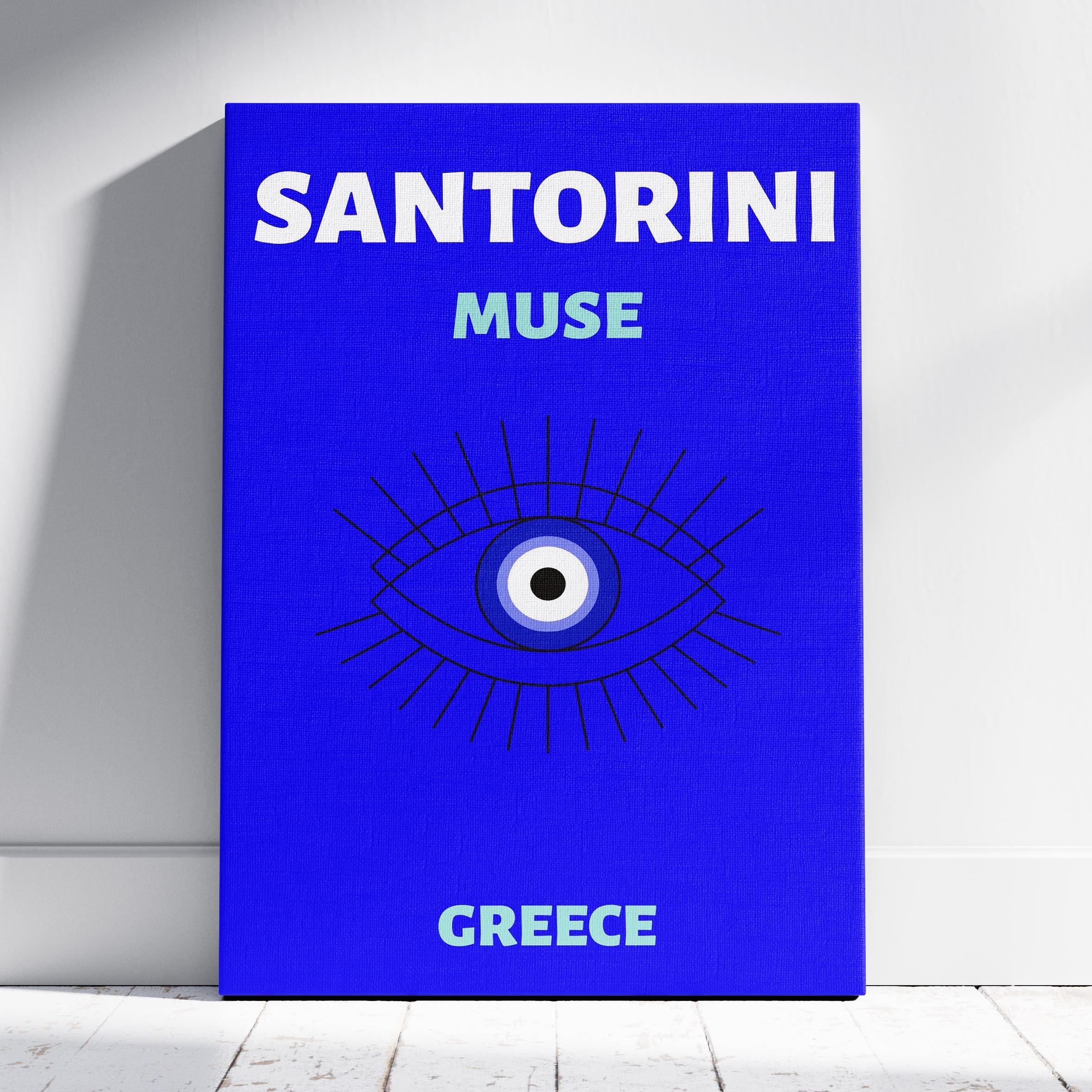 Bright Blue Santorini Greece World Travel Art - Framed Canvas Wall Art Print