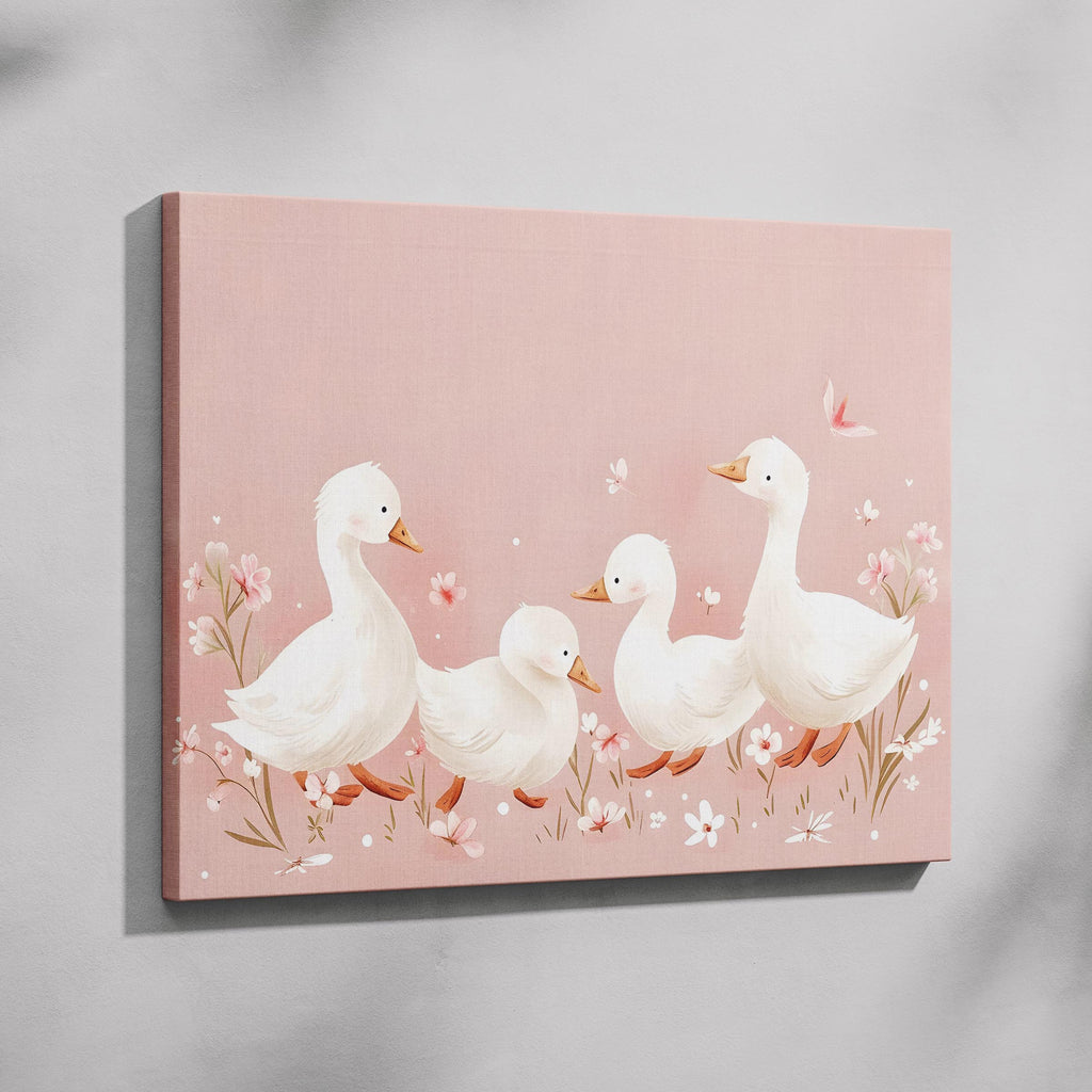 Charming Ducks in Pink Bloom - Framed Canvas Wall Art Print | House Prints
