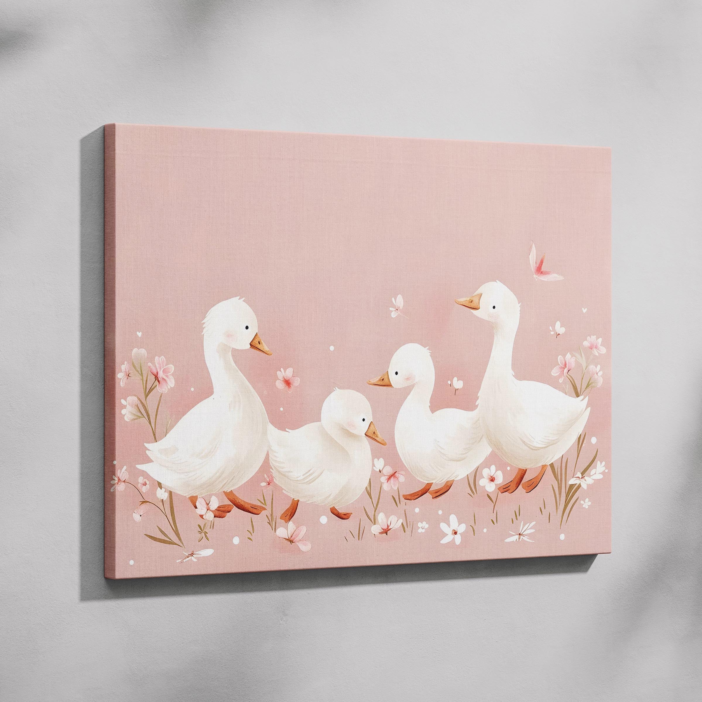 Charming Ducks in Pink Bloom - Framed Canvas Wall Art Print | House Prints