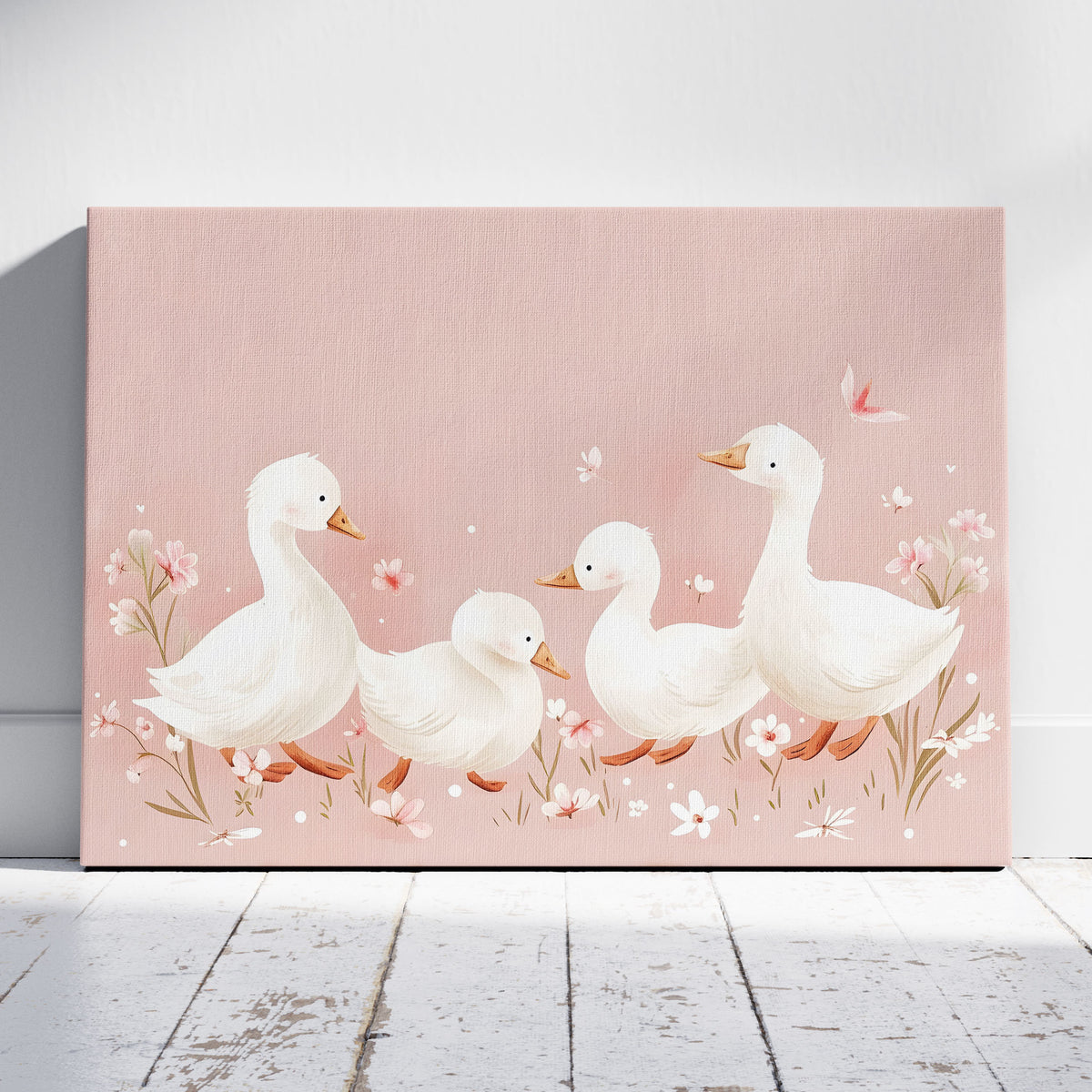 Charming Ducks in Pink Bloom - Framed Canvas Wall Art Print | House Prints