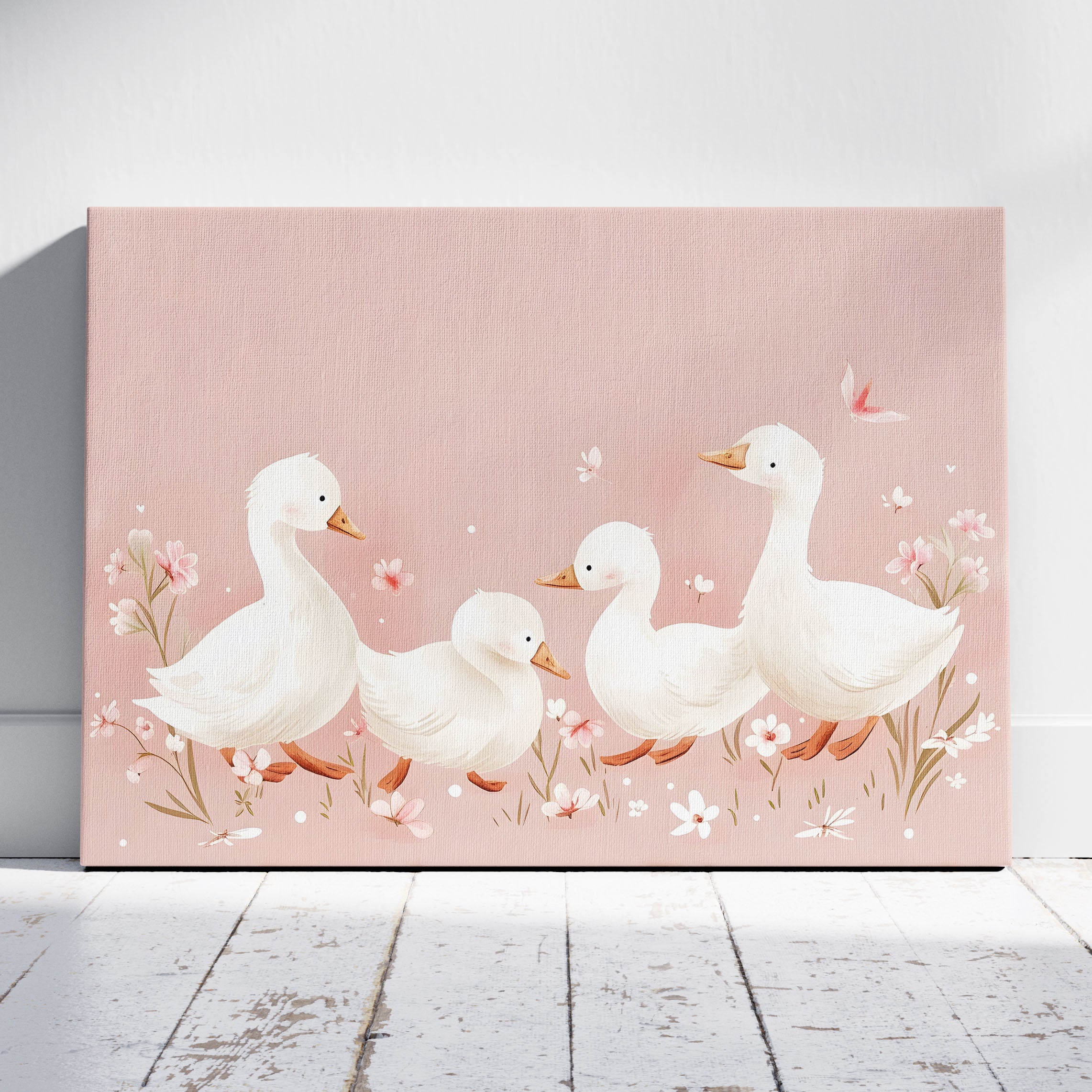 Charming Ducks in Pink Bloom - Framed Canvas Wall Art Print | House Prints