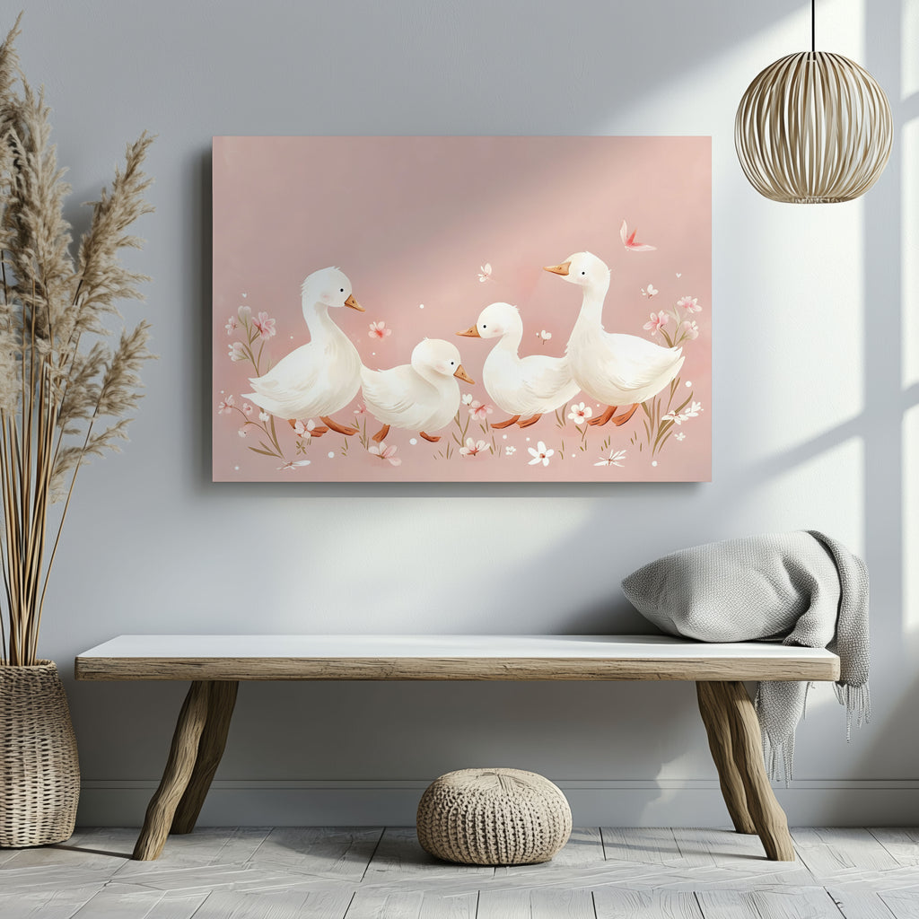 Charming Ducks in Pink Bloom - Framed Canvas Wall Art Print | House Prints