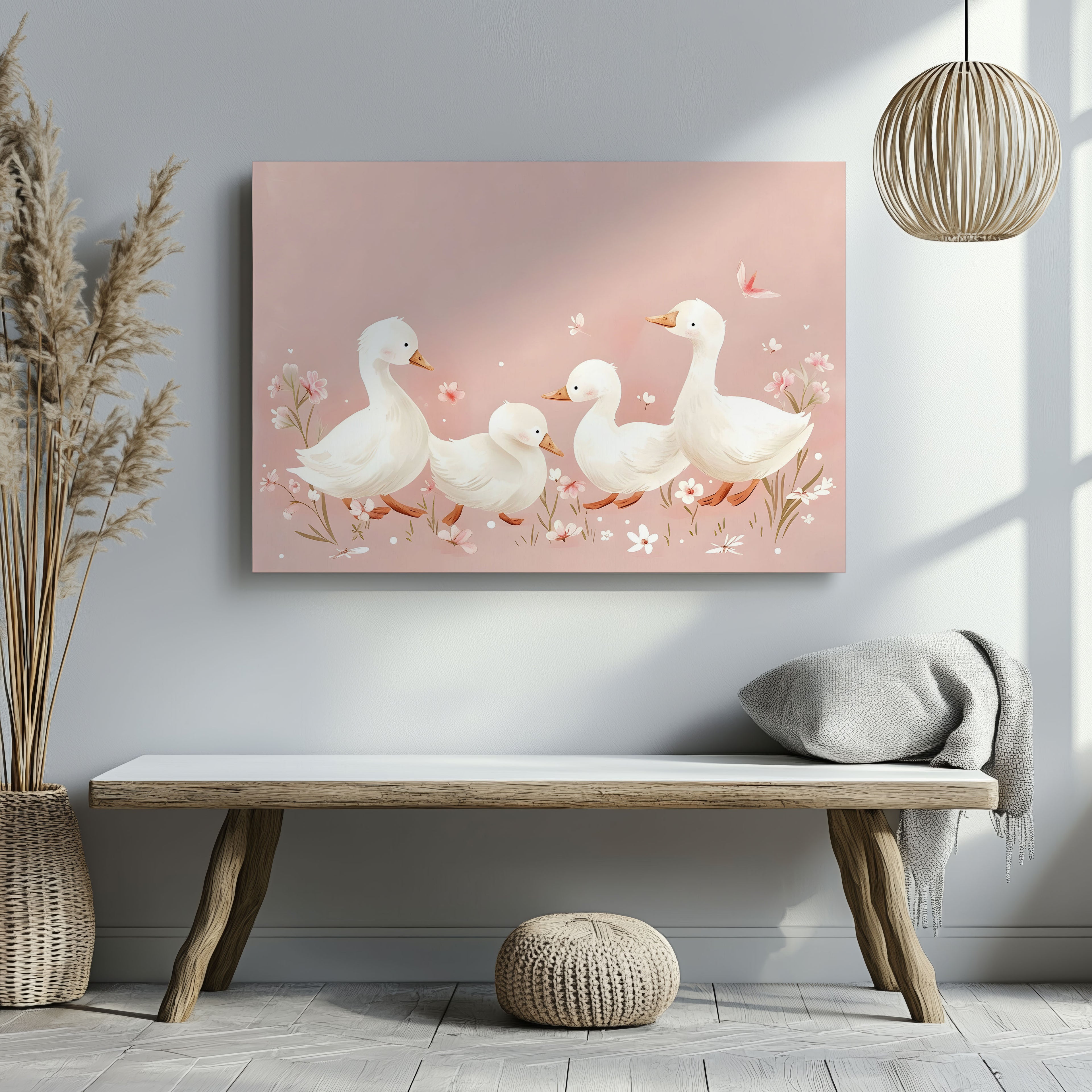 Charming Ducks in Pink Bloom - Framed Canvas Wall Art Print | House Prints