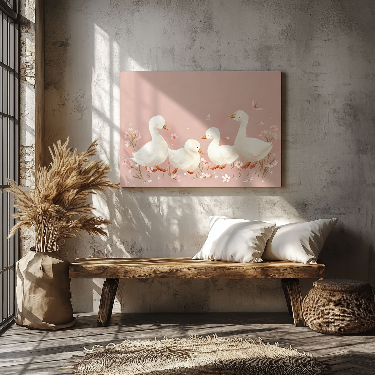 Charming Ducks in Pink Bloom - Framed Canvas Wall Art Print | House Prints