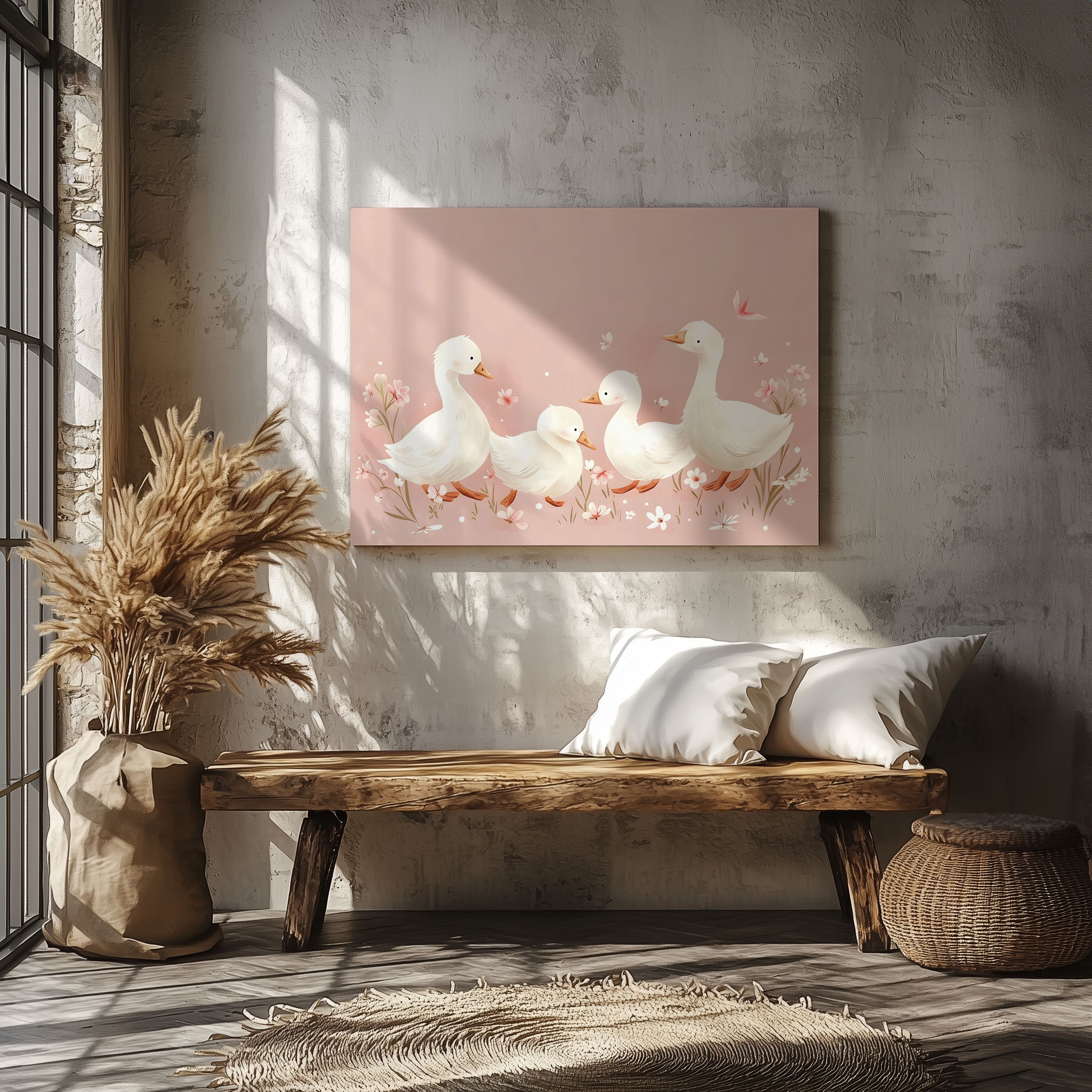 Charming Ducks in Pink Bloom - Framed Canvas Wall Art Print | House Prints