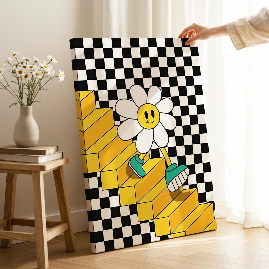 Checkerboard Daisy Down the Stairs - Framed Canvas Wall Art Print | House Prints