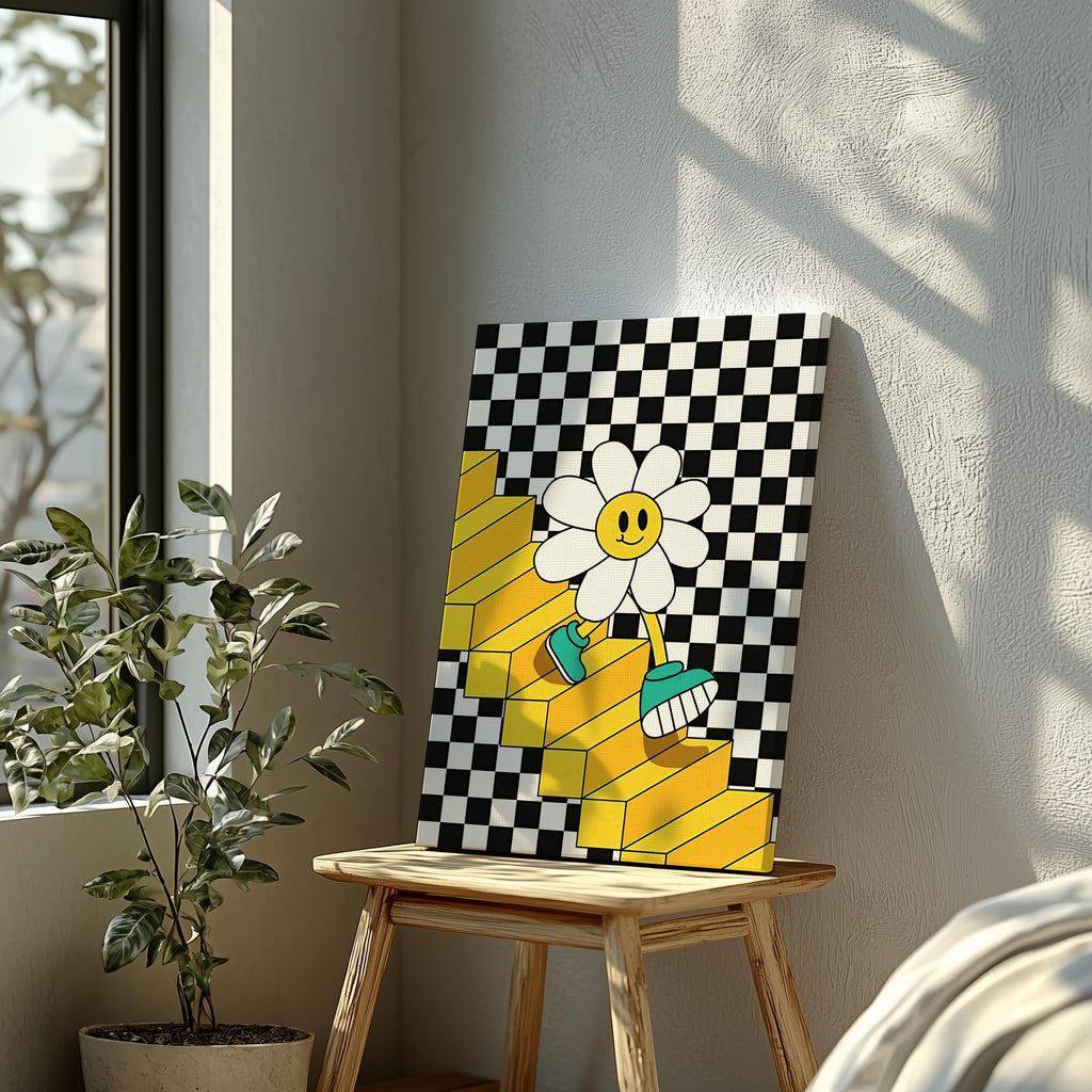 Checkerboard Daisy Down the Stairs - Framed Canvas Wall Art Print | House Prints