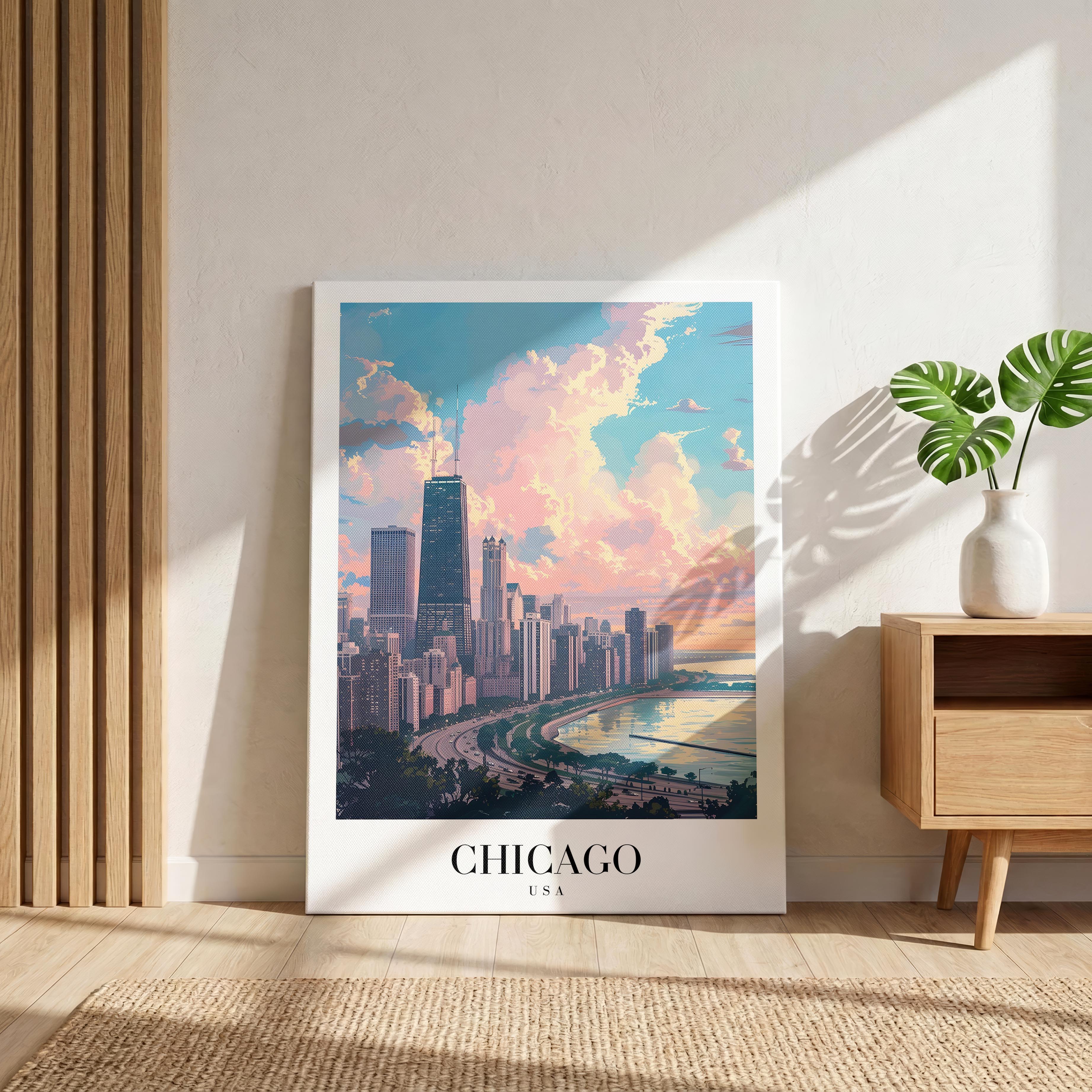 Chicago USA World City Travel Art - Framed Canvas Wall Art Print
