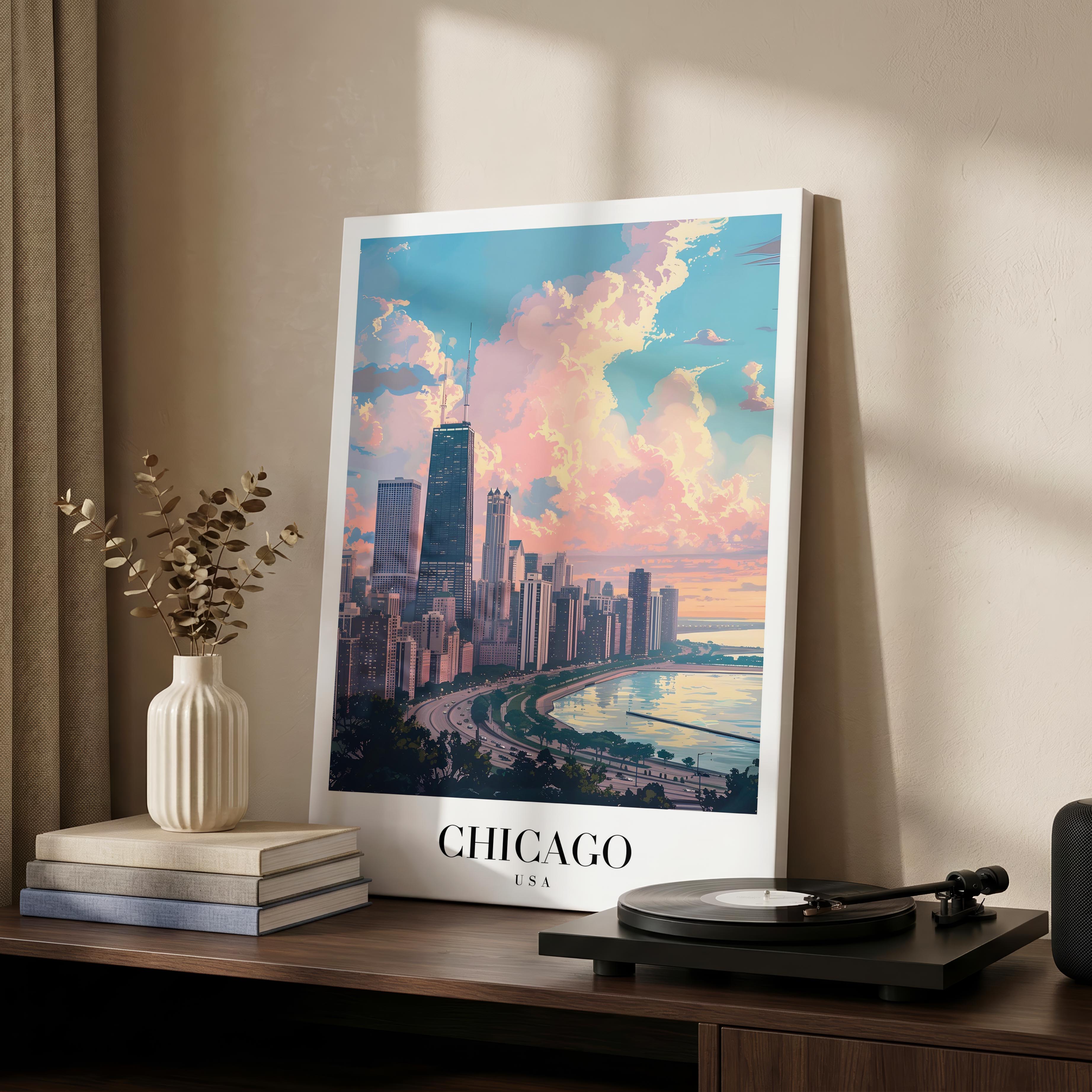 Chicago USA World City Travel Art - Framed Canvas Wall Art Print