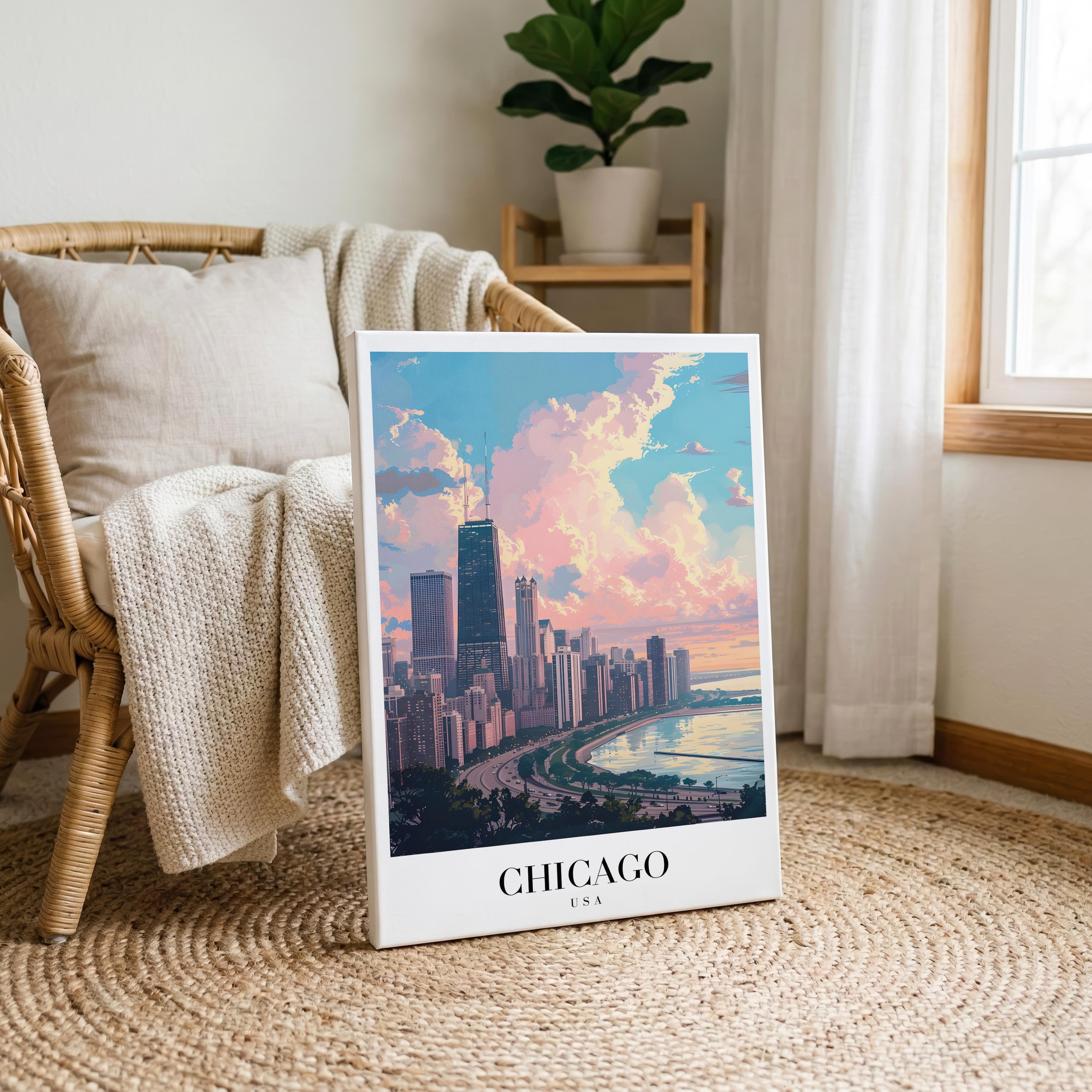 Chicago USA World City Travel Art - Framed Canvas Wall Art Print