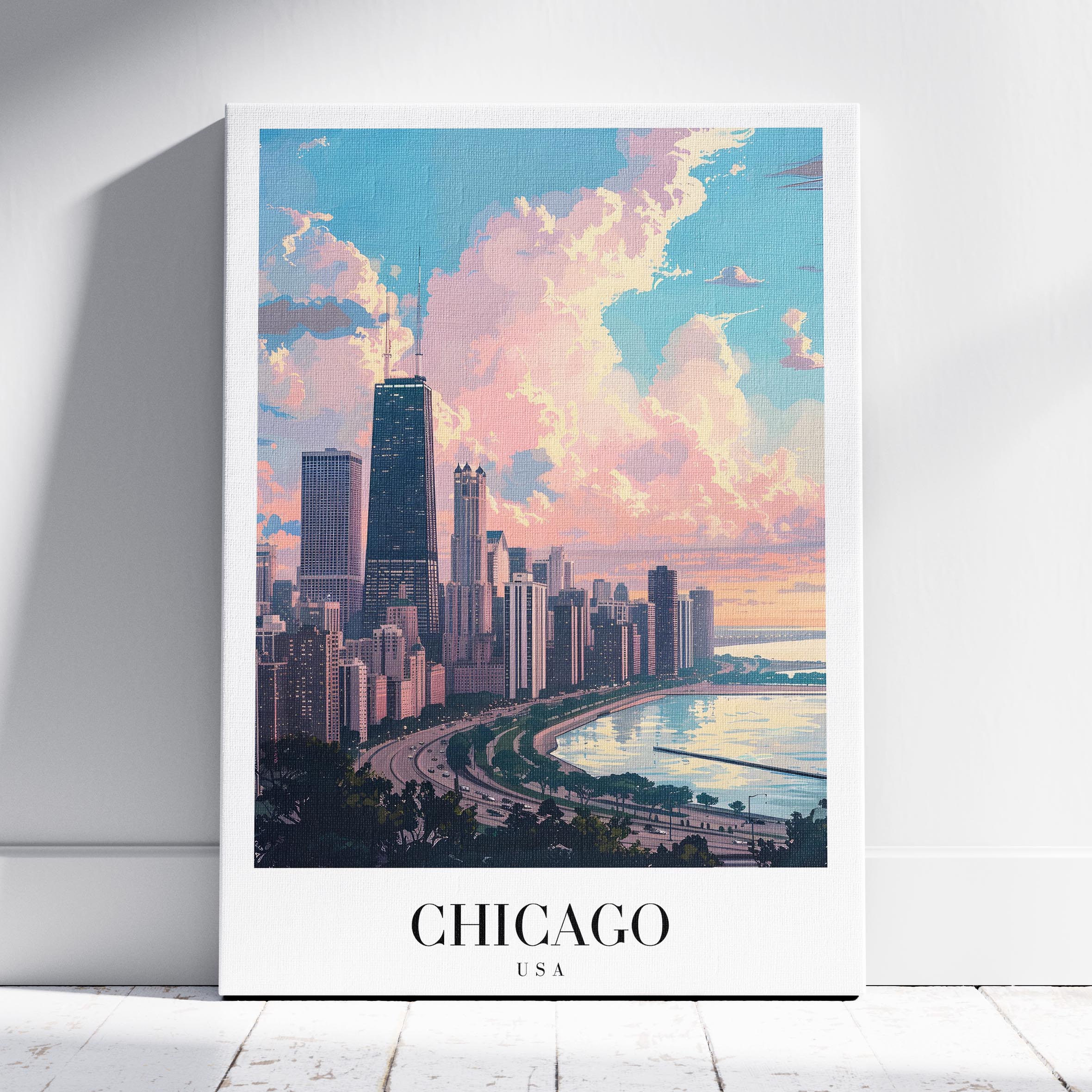 Chicago USA World City Travel Art - Framed Canvas Wall Art Print