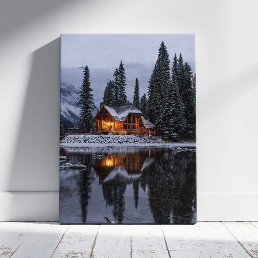 Christmas Lodge in the Snow - Framed Canvas Wall Art Print - House Prints