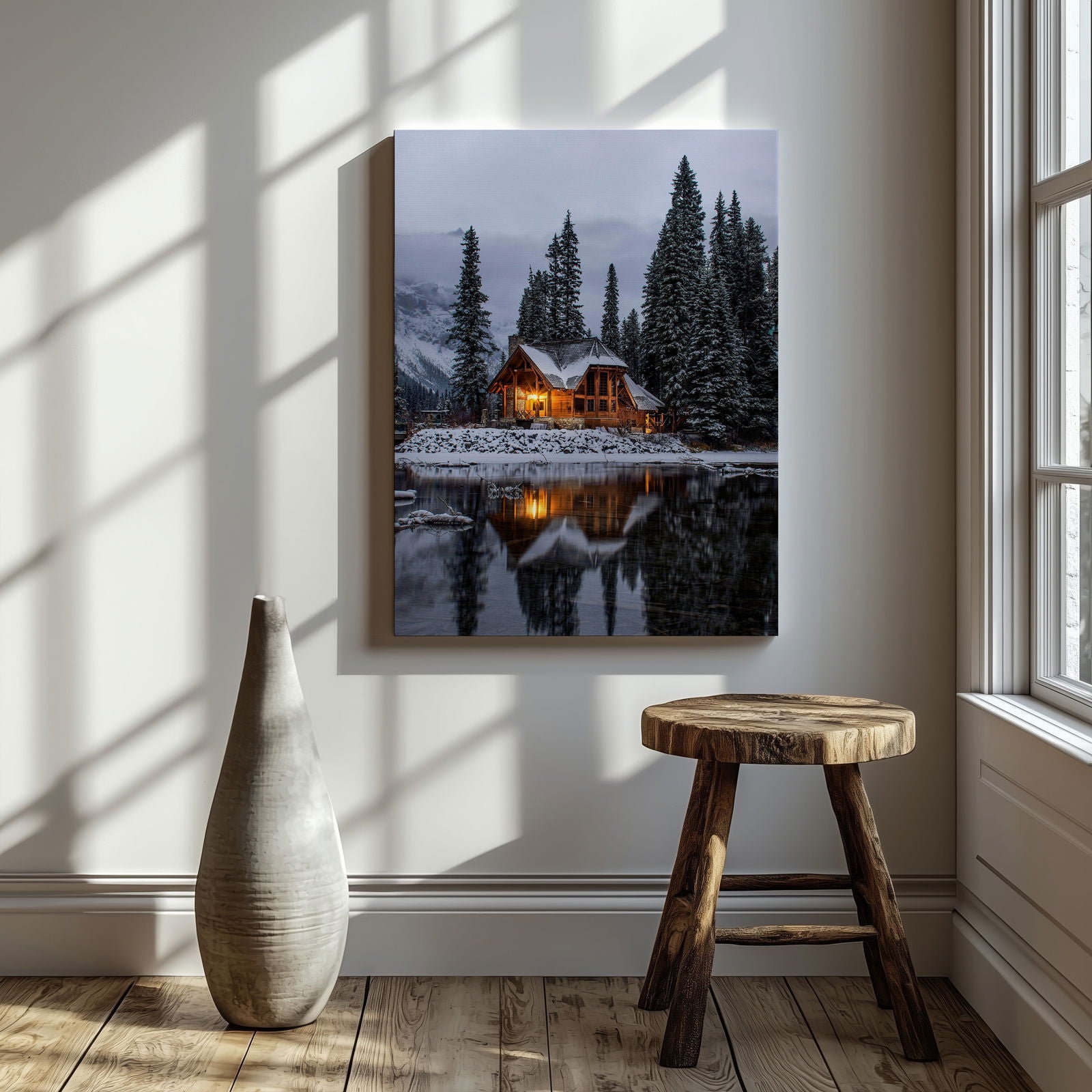 Christmas Lodge in the Snow - Framed Canvas Wall Art Print | House Prints