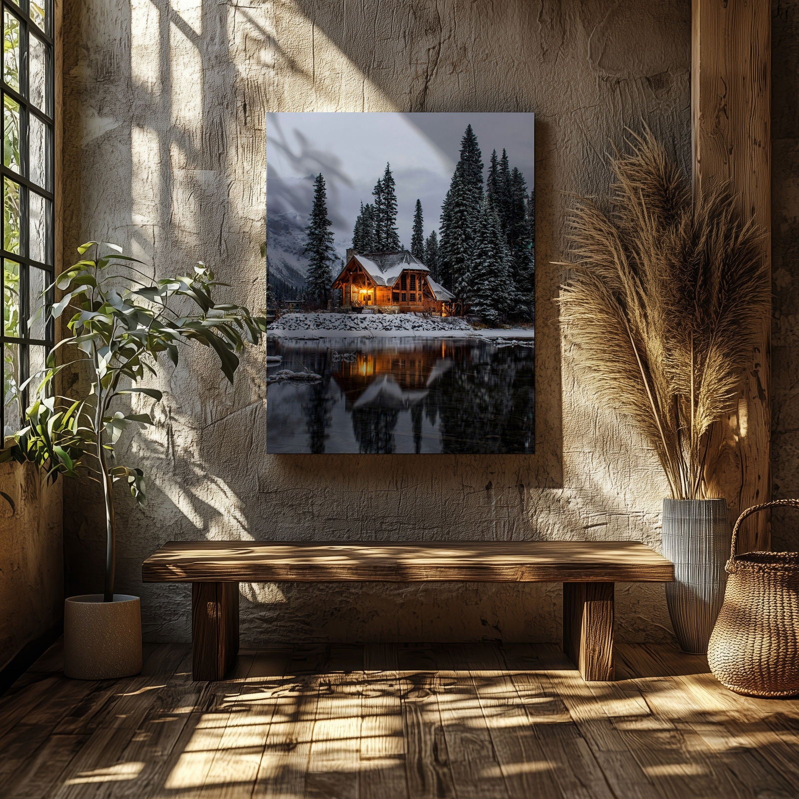 Christmas Lodge in the Snow - Framed Canvas Wall Art Print | House Prints