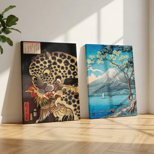 Classic Japanese Mount Fuji & Tiger Gallery Set of 2 - Framed Canvas Wall Art Prints | House Prints