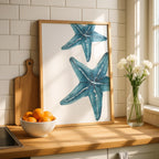 Coastal Beach Blue Starfish in Watercolour - Rolled Poster Wall Art Print