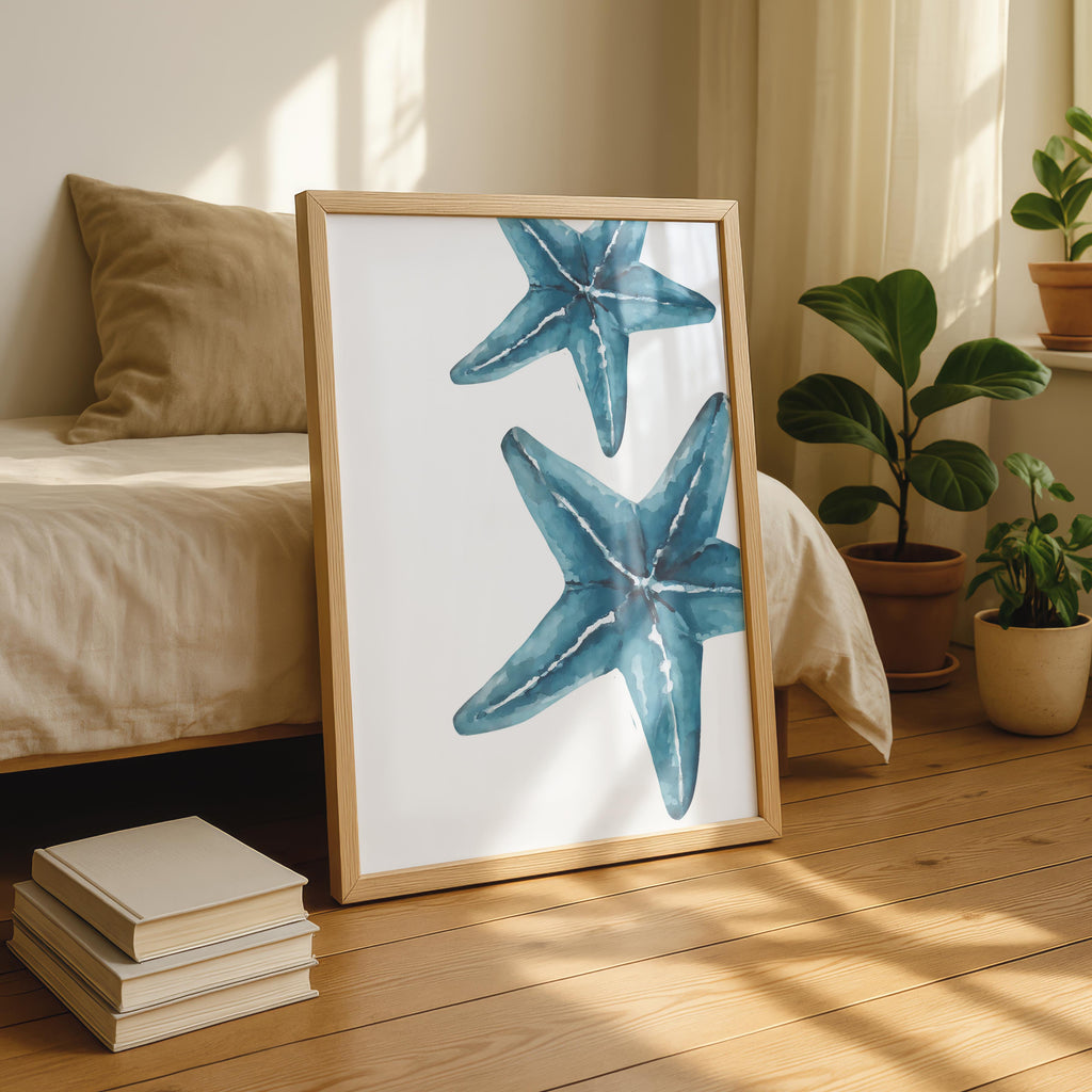 Coastal Beach Blue Starfish in Watercolour - Rolled Poster Wall Art Print