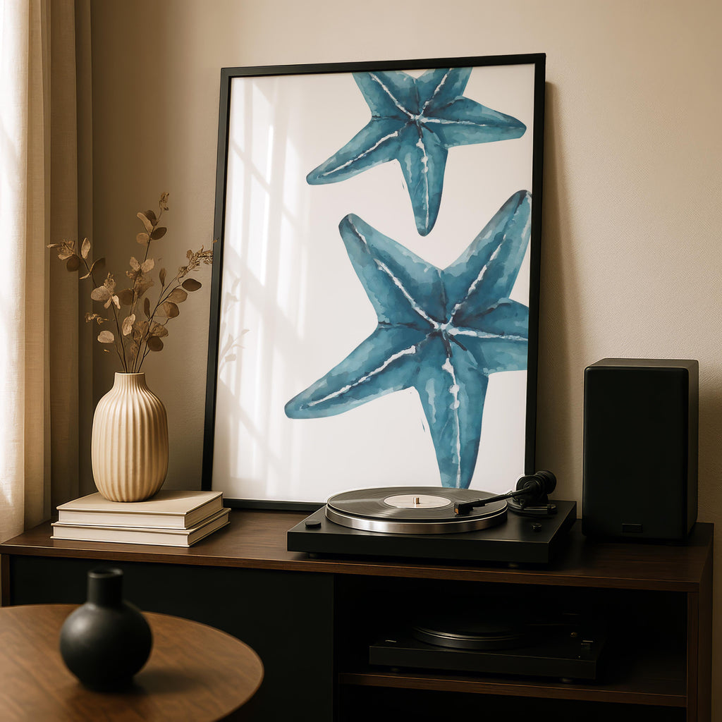 Coastal Beach Blue Starfish in Watercolour - Rolled Poster Wall Art Print