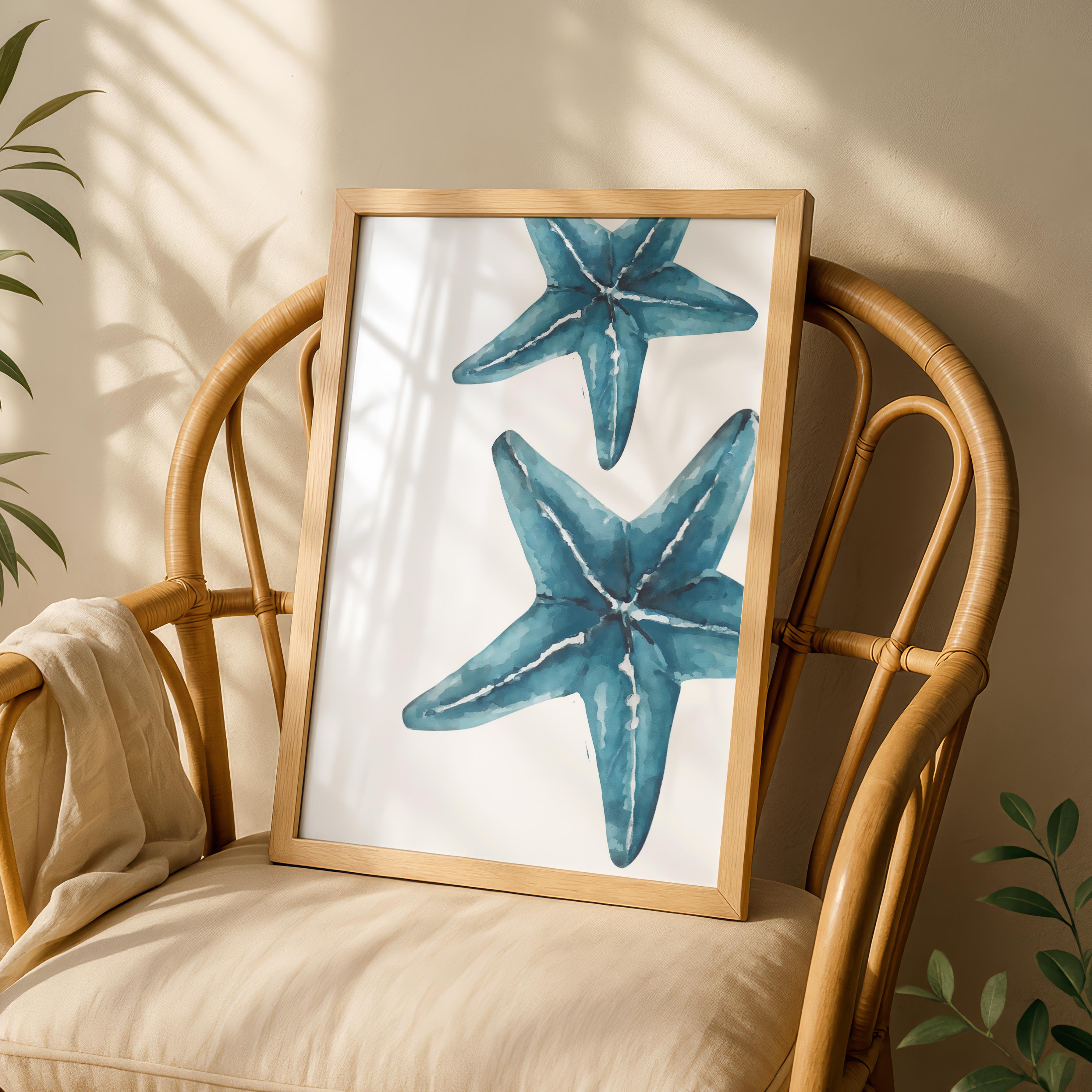 Coastal Beach Blue Starfish in Watercolour - Rolled Poster Wall Art Print