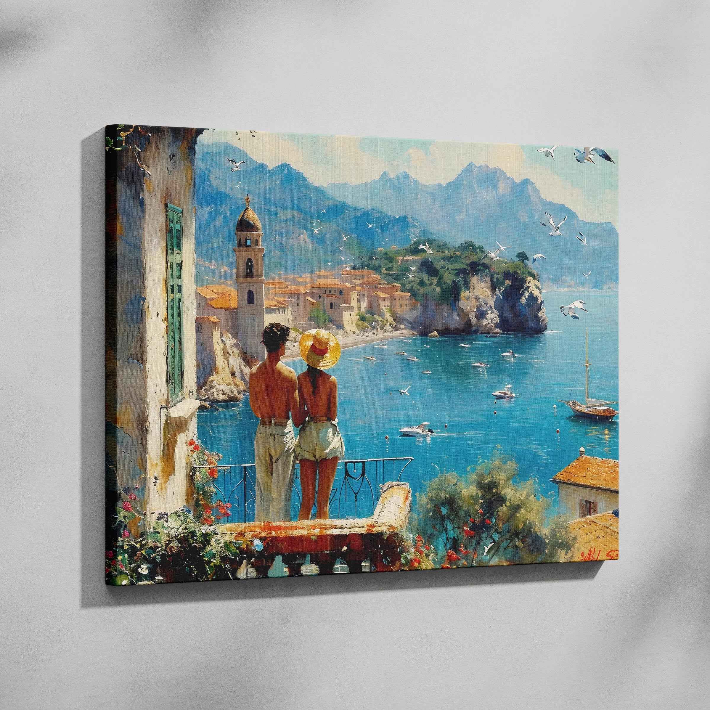 Romantic European Seaside Balcony View - Framed Canvas Wall Art Print | House Prints