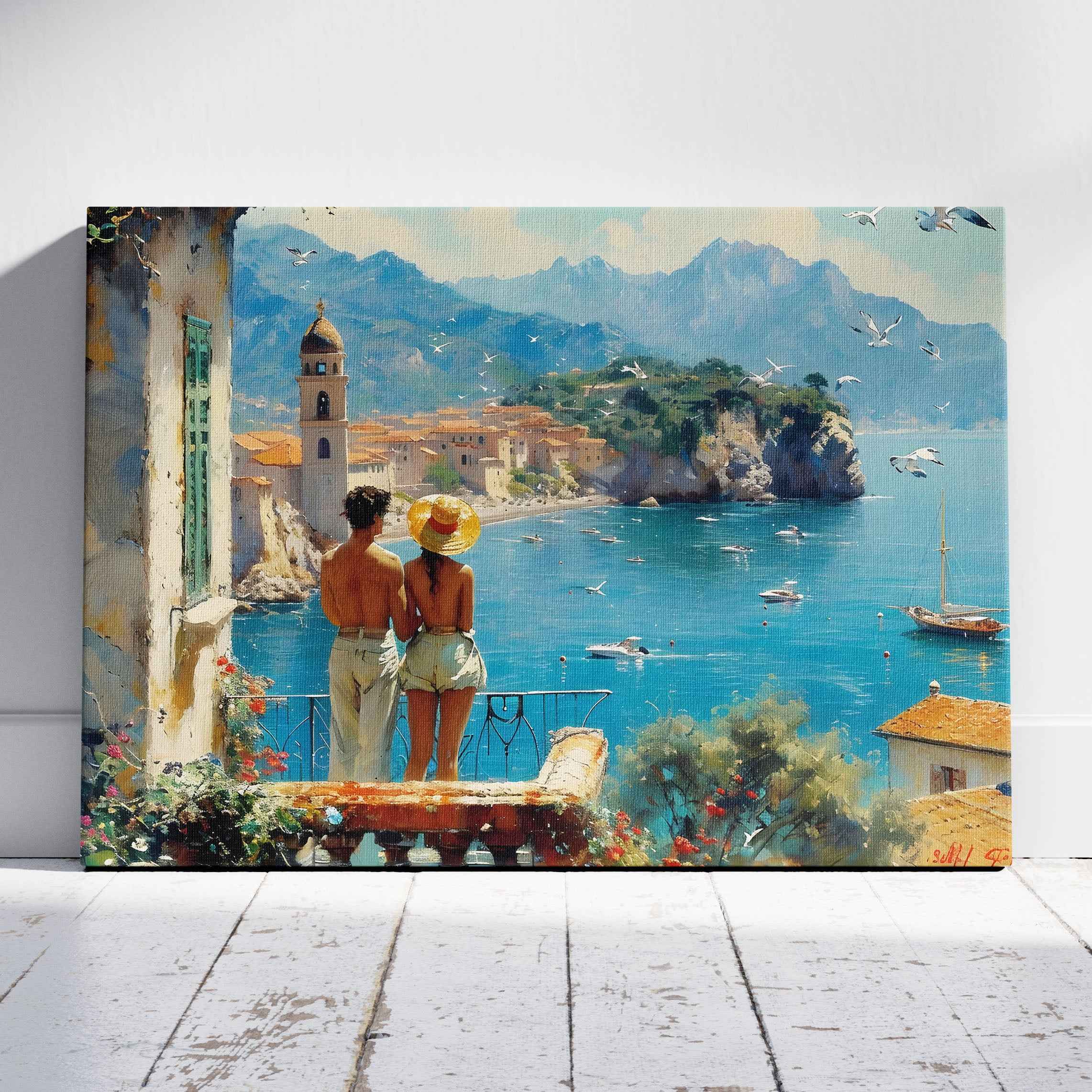 Romantic European Seaside Balcony View - Framed Canvas Wall Art Print | House Prints