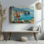 Romantic European Seaside Balcony View - Framed Canvas Wall Art Print | House Prints