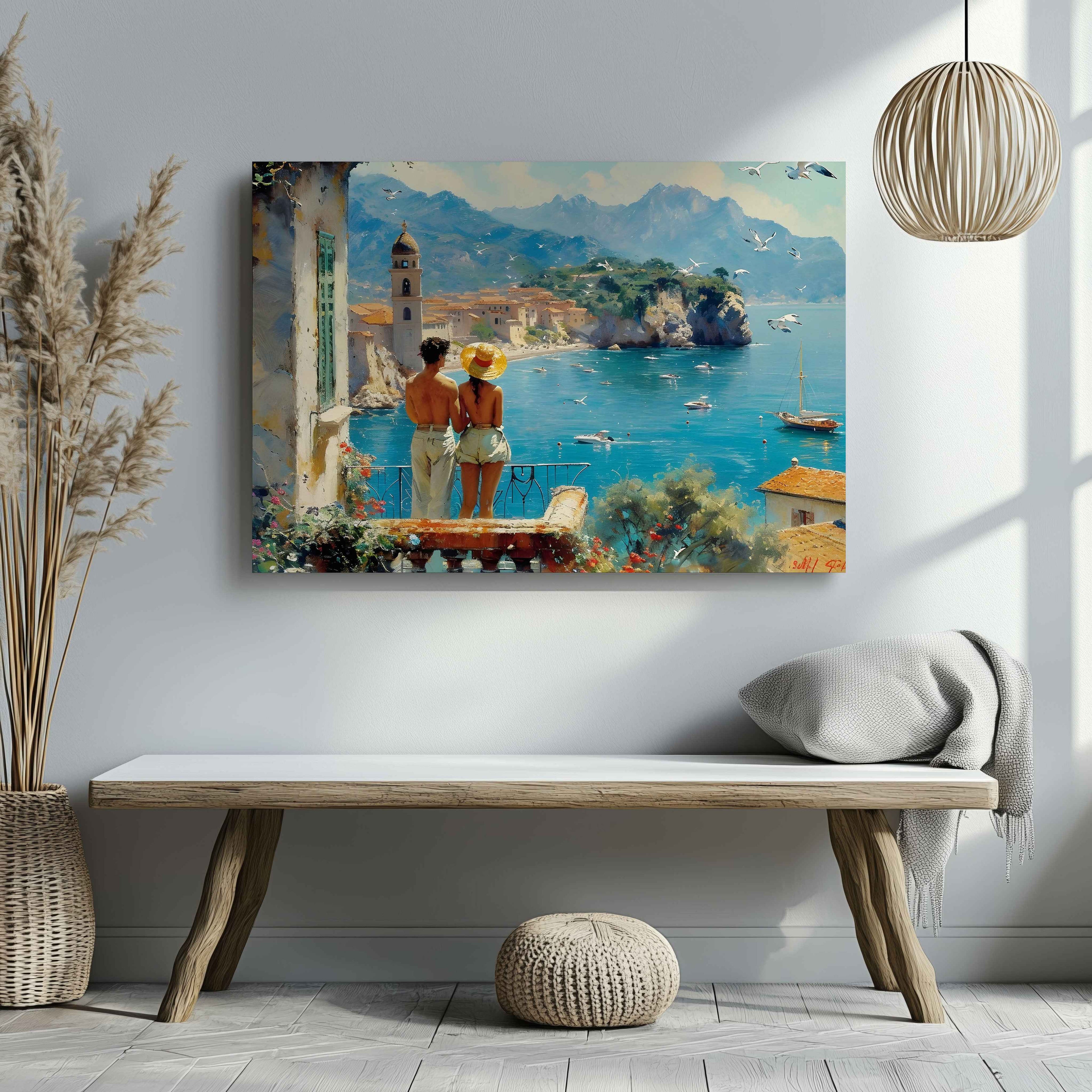 Romantic European Seaside Balcony View - Framed Canvas Wall Art Print | House Prints