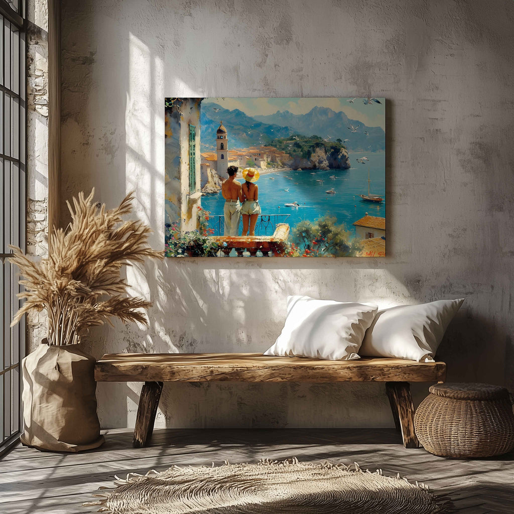 Romantic European Seaside Balcony View - Framed Canvas Wall Art Print | House Prints