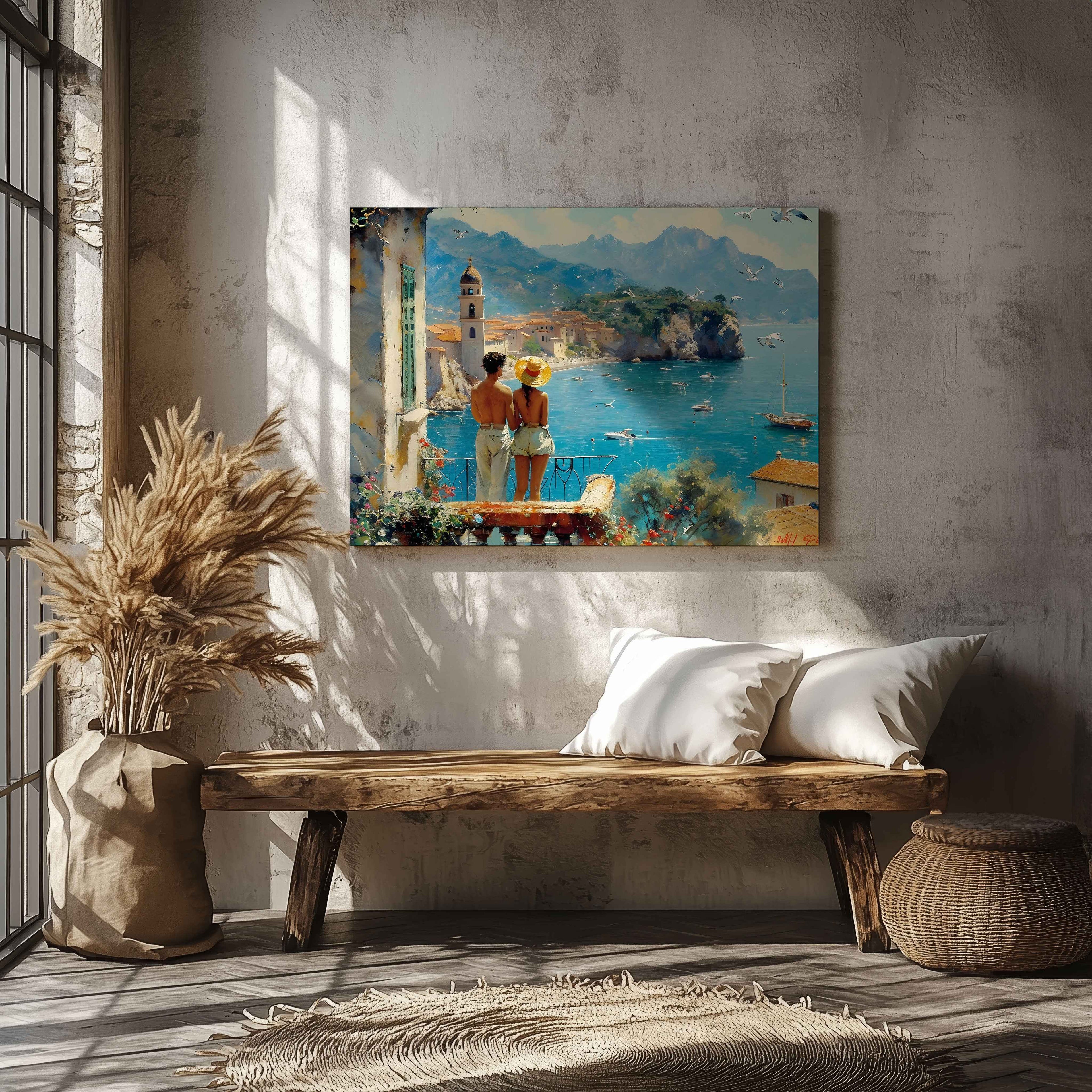 Romantic European Seaside Balcony View - Framed Canvas Wall Art Print | House Prints