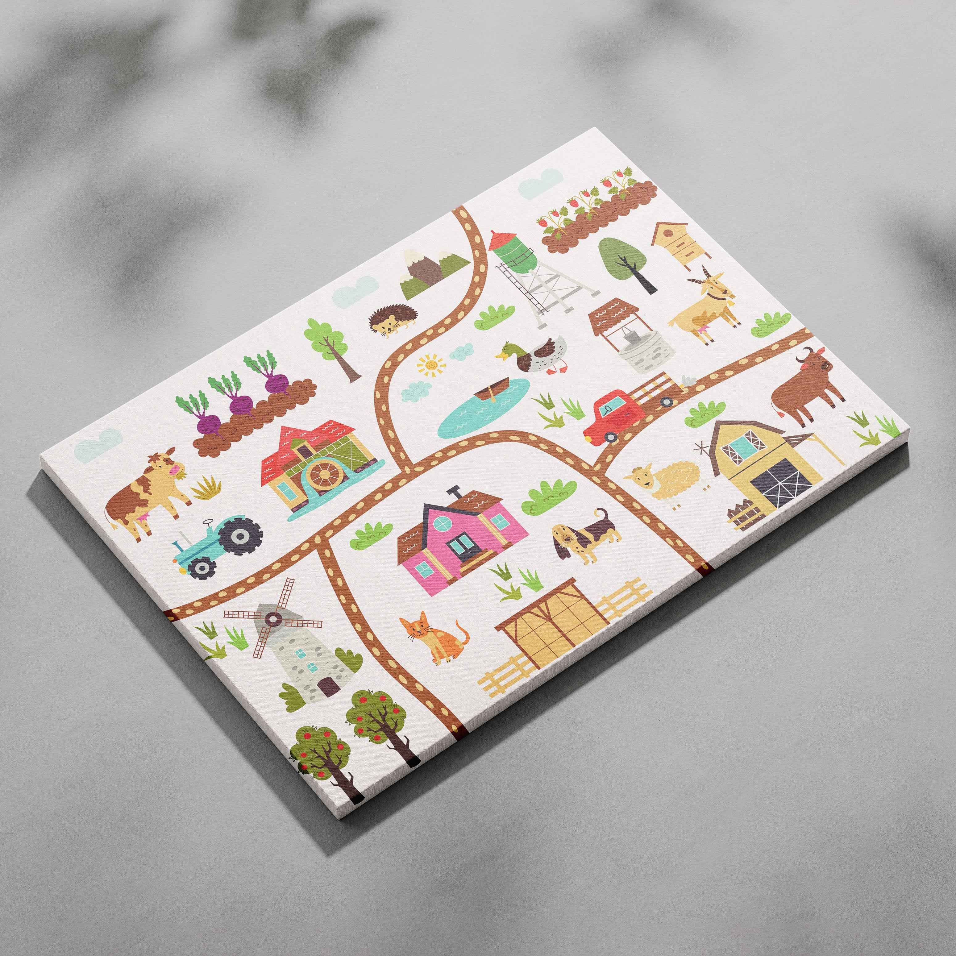 Colourful Nursery Child Animal Farm Map - Framed Canvas Wall Art Print