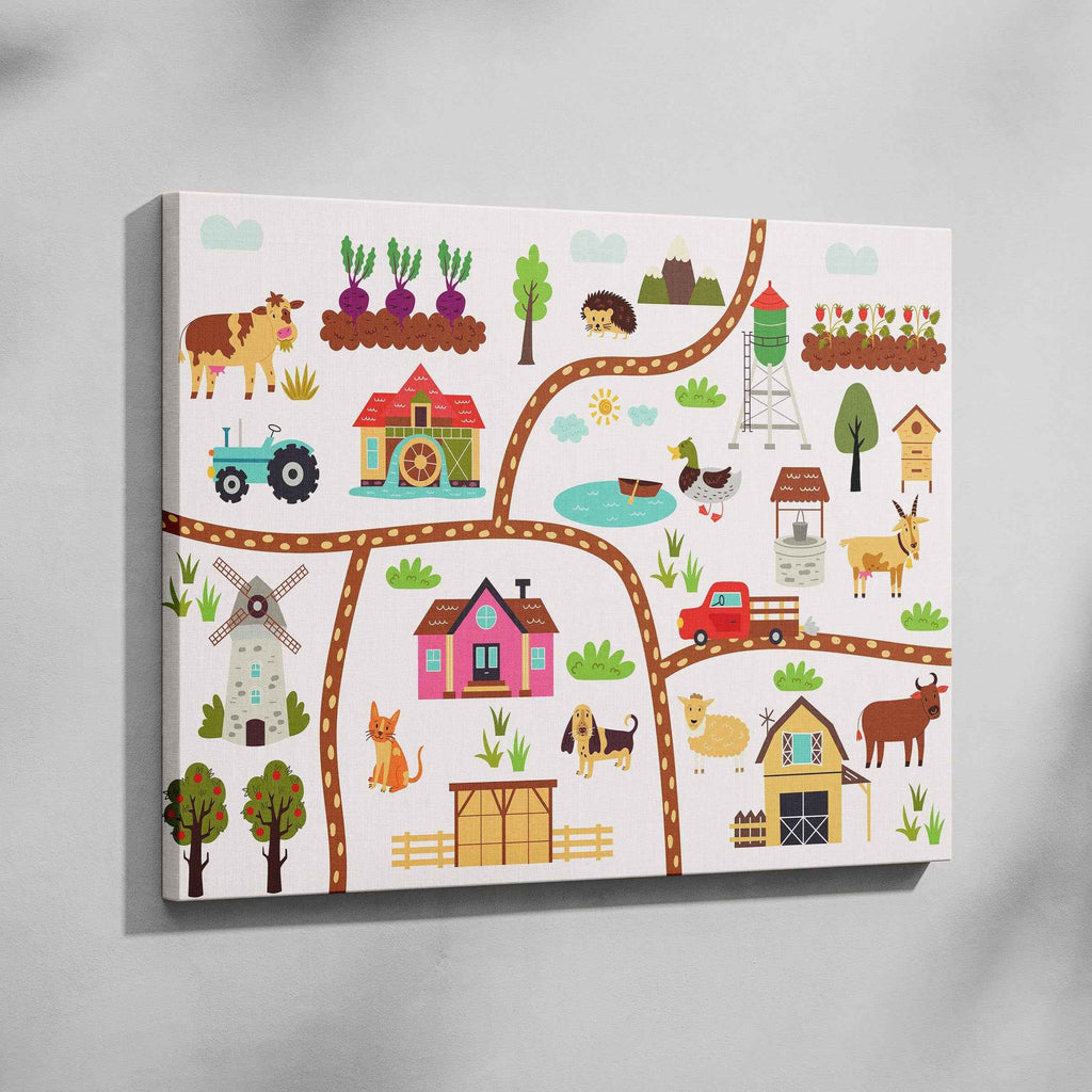 Colourful Nursery Child Animal Farm Map - Framed Canvas Wall Art Print