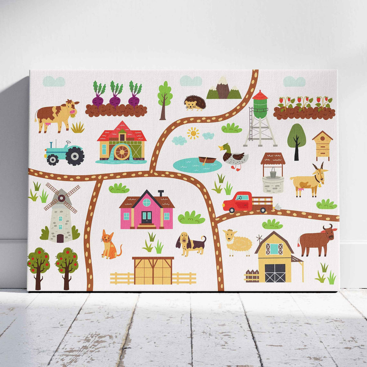 Colourful Nursery Child Animal Farm Map - Framed Canvas Wall Art Print